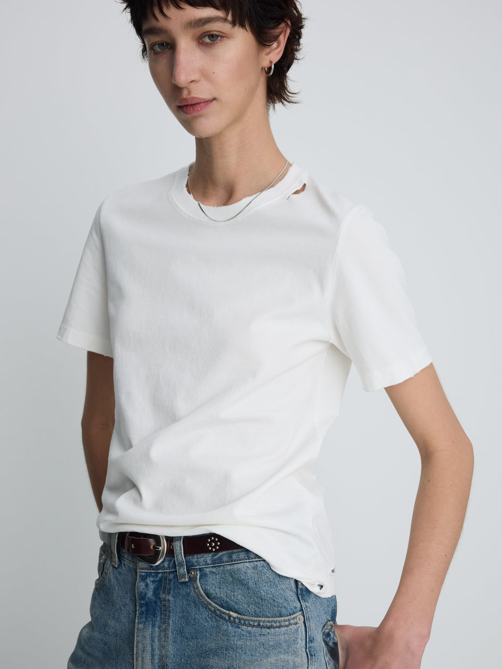 (W) HAND DISTRESSED VINTAGE COTTON T-SHIRT_ WHITE