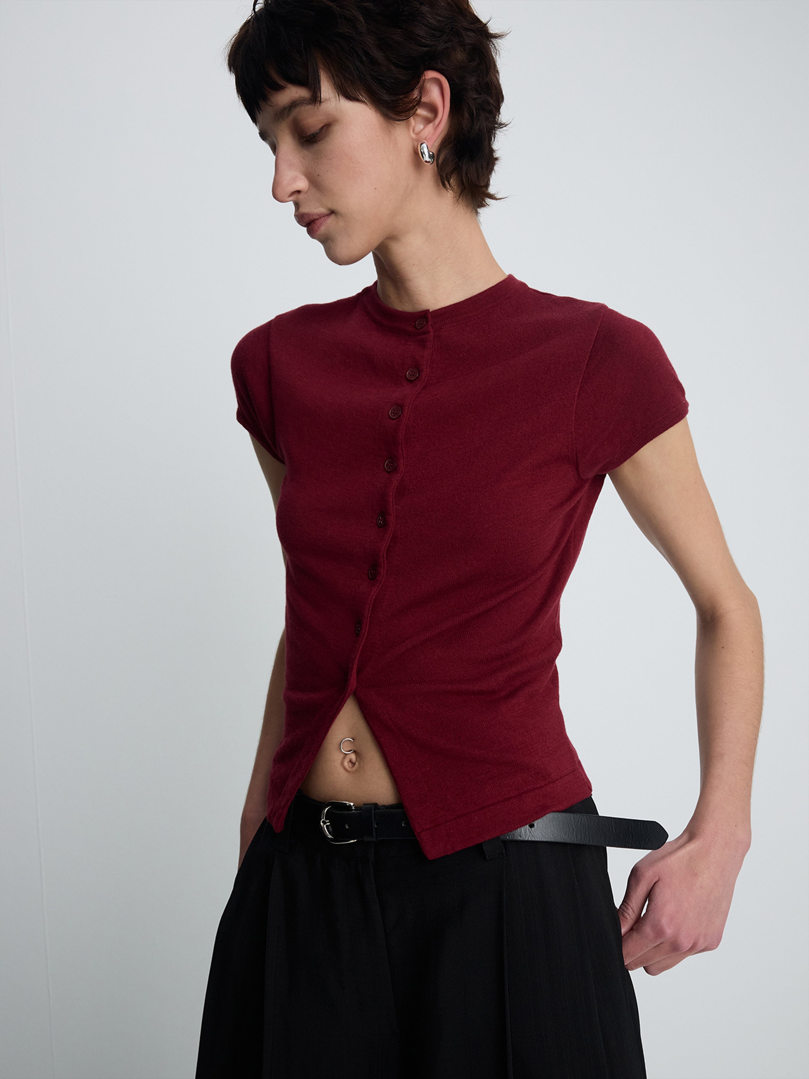 (W) SILK COTTON CAP SLEEVE CARDIGAN_ RED