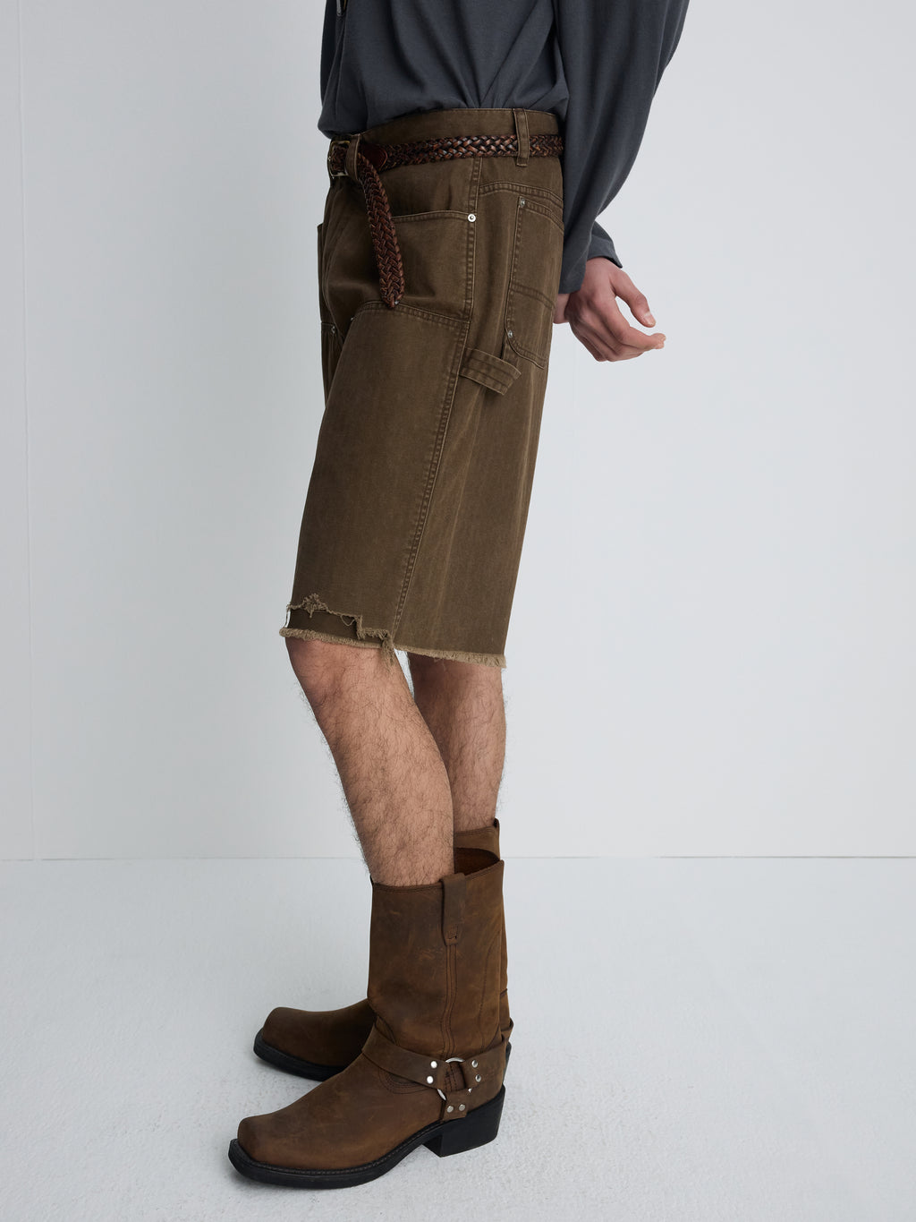 HAND DISTRESSED HBT DOUBLE KNEE SHORTS_ FADED BROWN