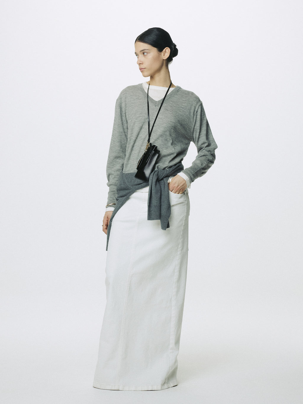(W) WHITE SLIM FIT DENIM MAXI SKIRT_ OFF WHITE
