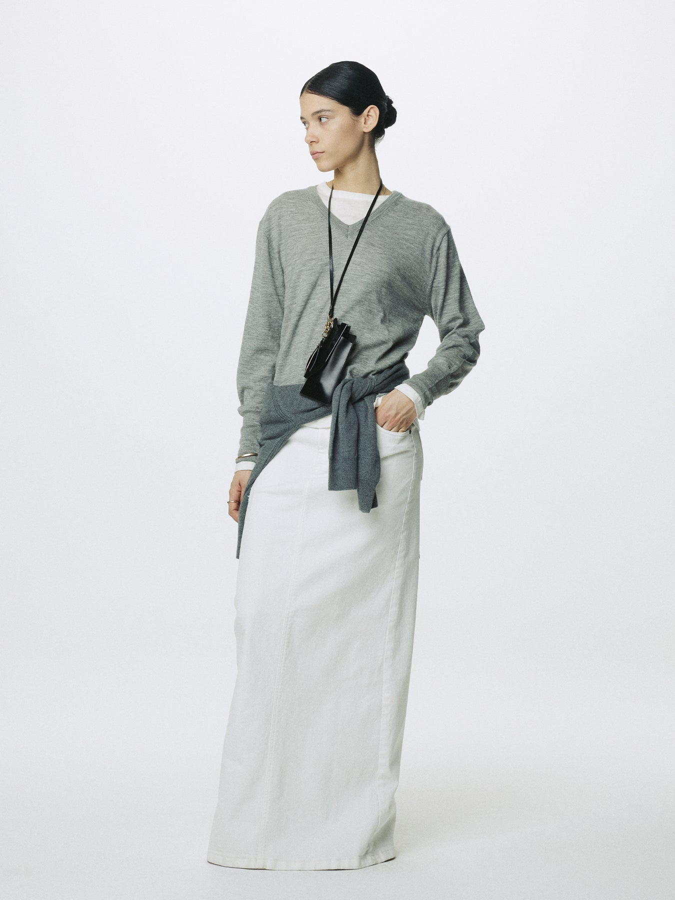 (W) WHITE SLIM FIT DENIM MAXI SKIRT_ OFF WHITE
