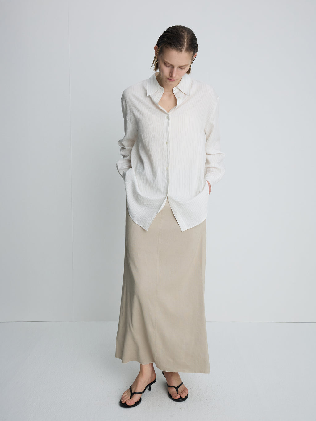(W) AIRY STRIPED OVER SHIRT_ IVORY