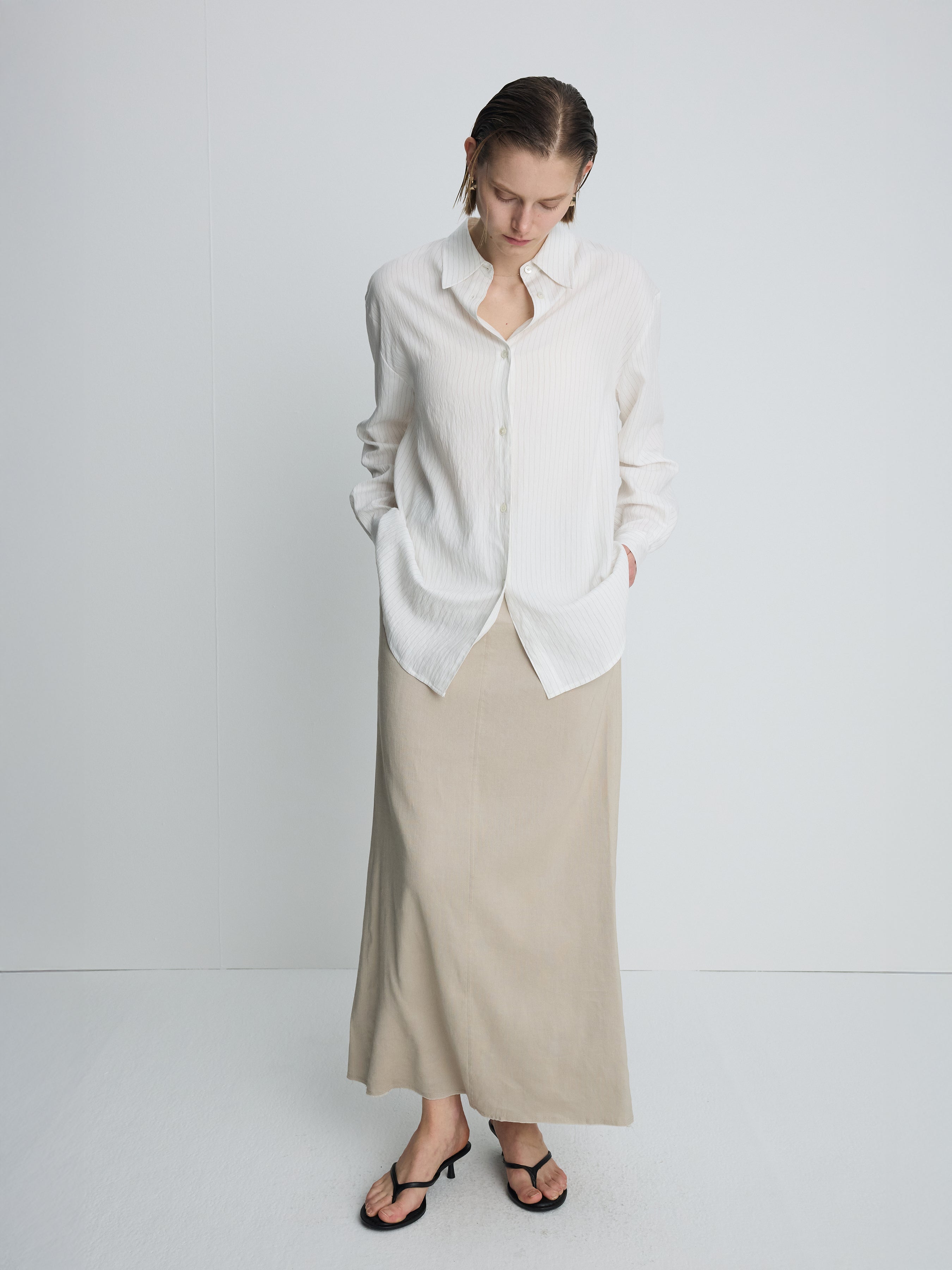 (W) AIRY STRIPED OVER SHIRT_ IVORY