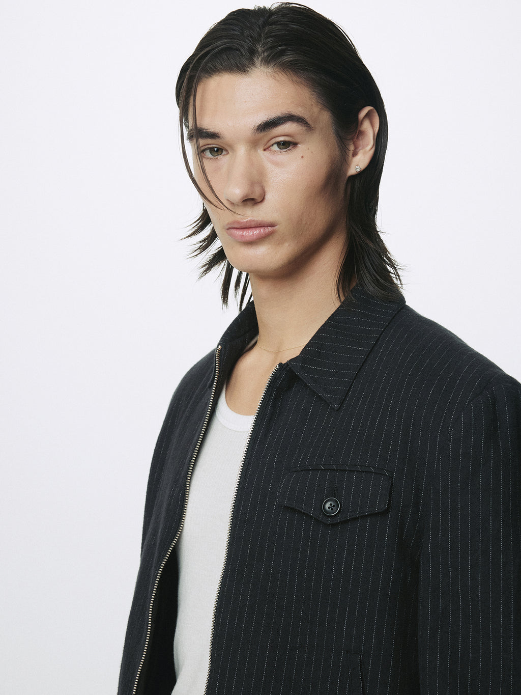 WASHED STRIPED WOOL COTTON BLOUSON_ WASHED  BLACK