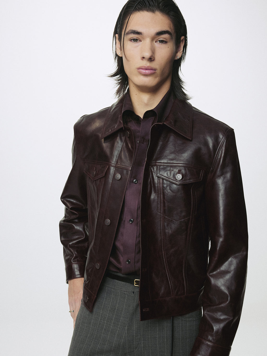 AGED LAMB LEATHER TRUCKER JACKET_ BROWN