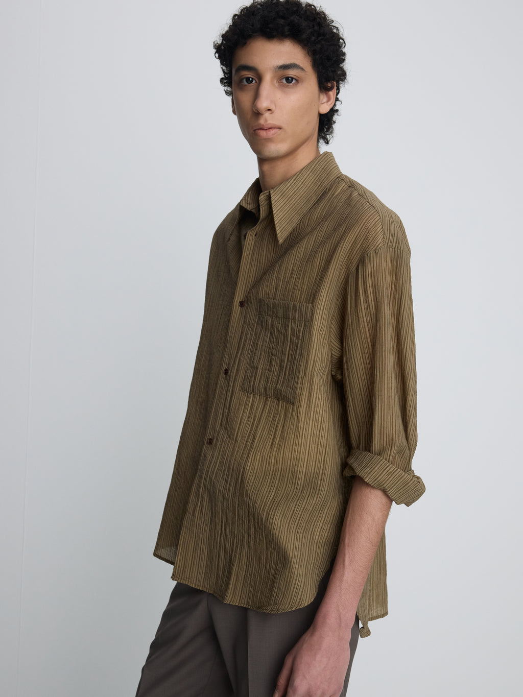 LYOCELL OVERSIZED STRIPE SHIRT_ OLIVE STRIPE