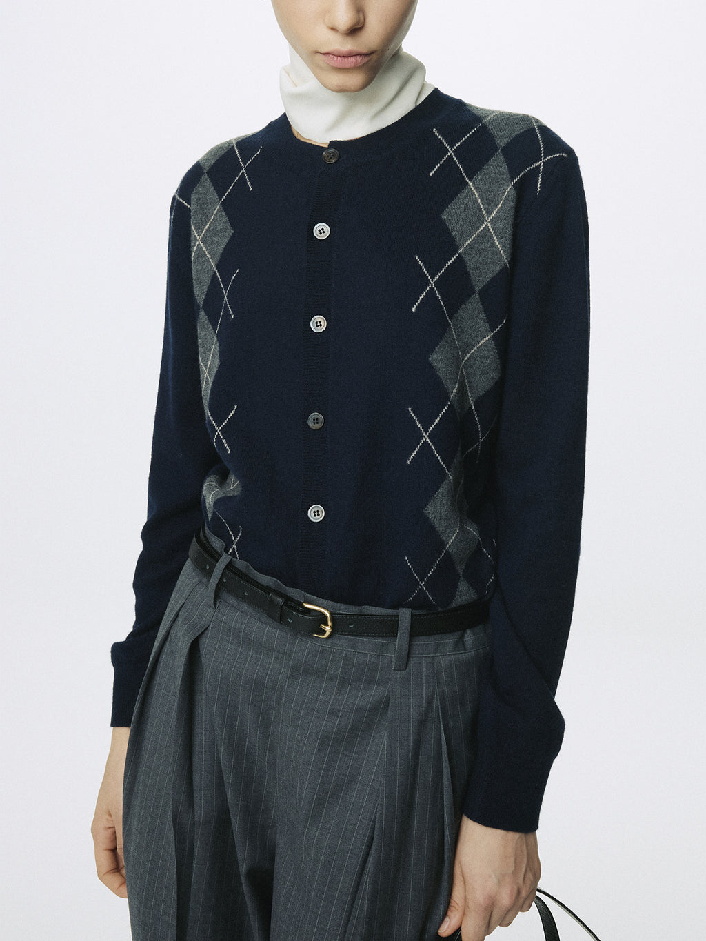 (W) MERINO WOOL ARGYLE CARDIGAN_ NAVY/GREY