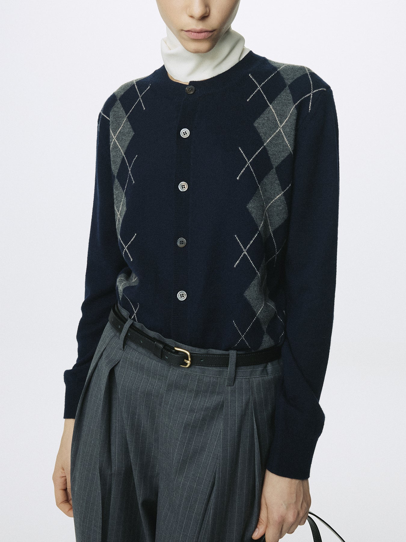 (W) MERINO WOOL ARGYLE CARDIGAN_ NAVY/GREY