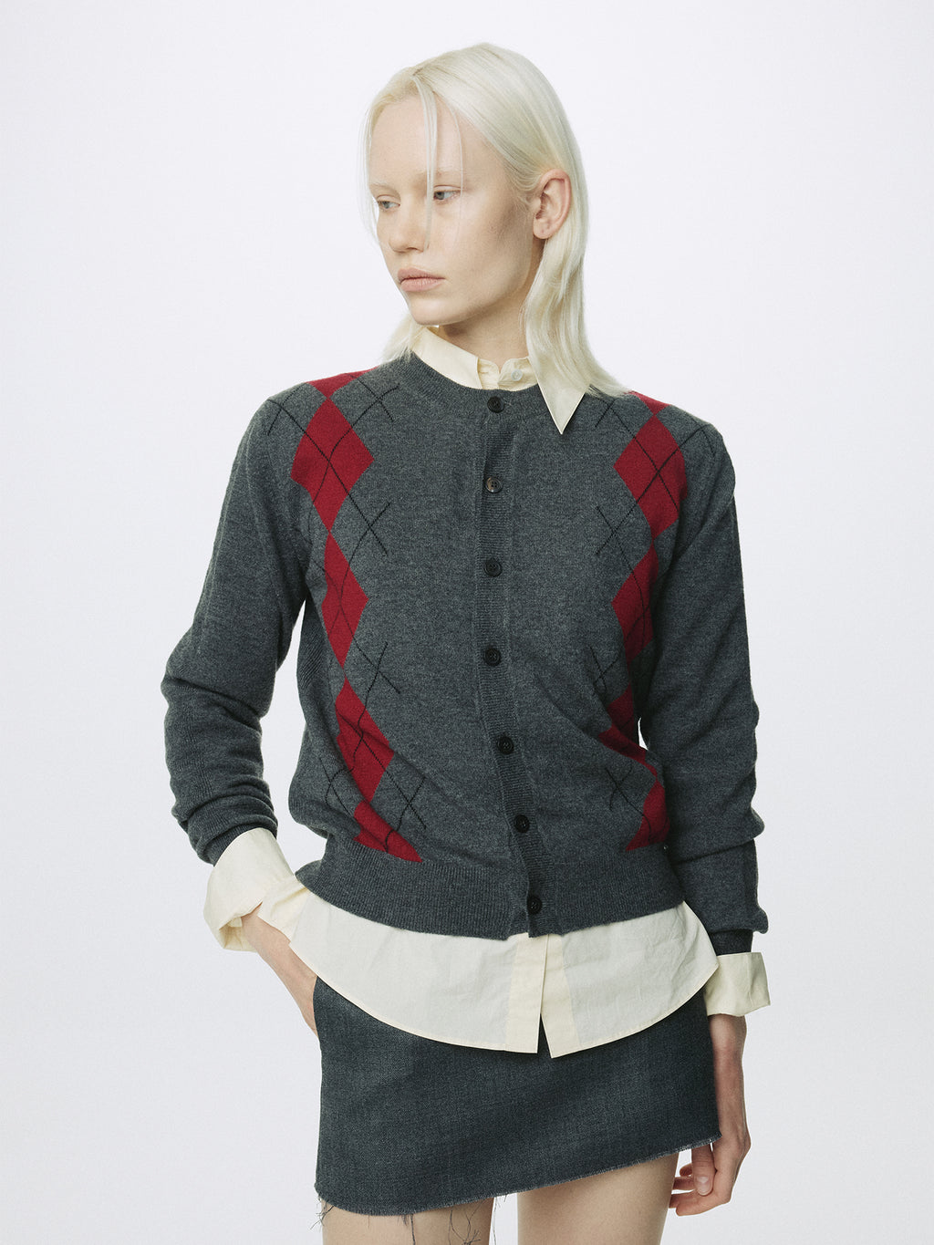 (W) MERINO WOOL ARGYLE CARDIGAN_ GREY/RED