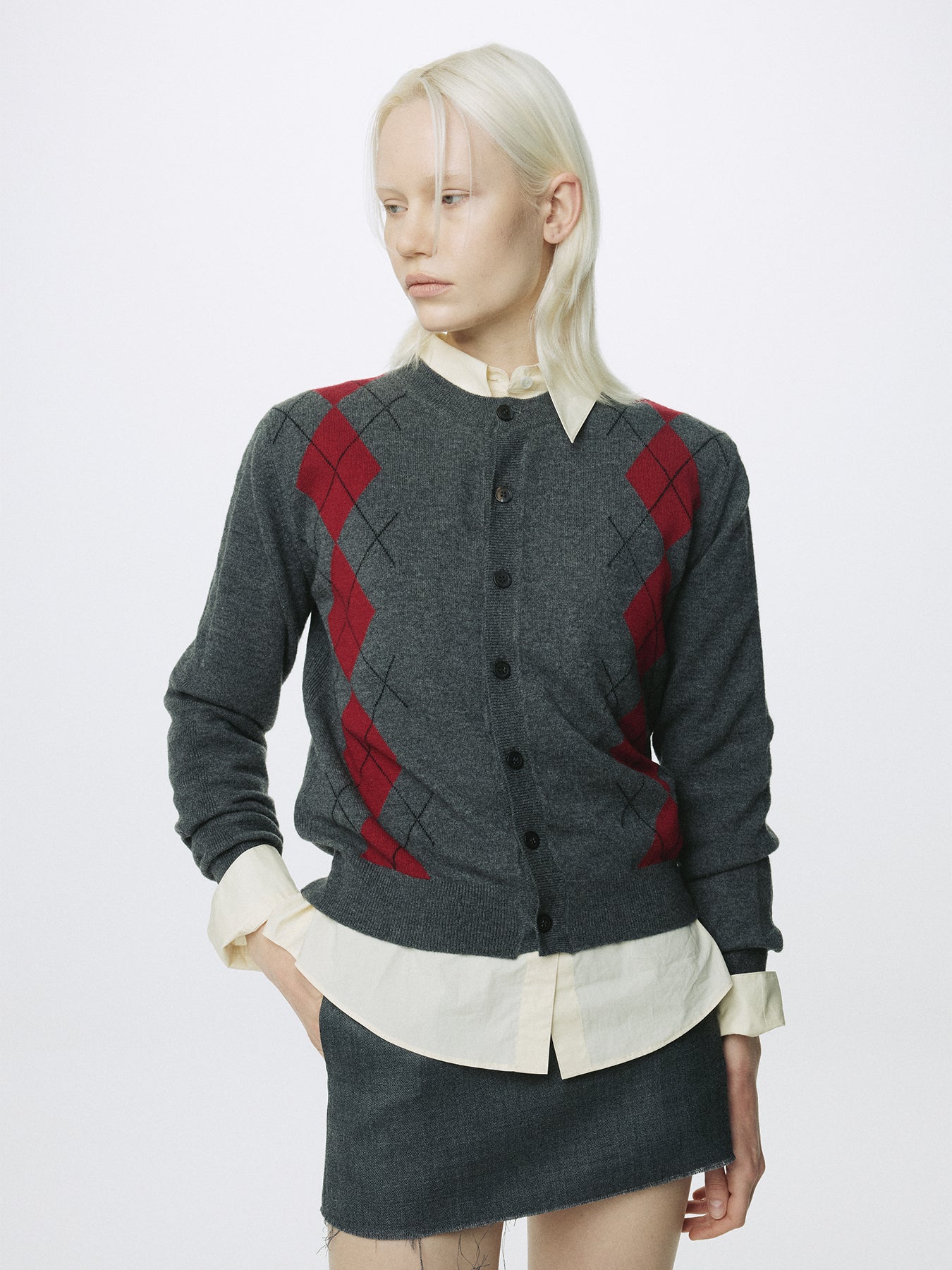 (W) MERINO WOOL ARGYLE CARDIGAN_ GREY/RED