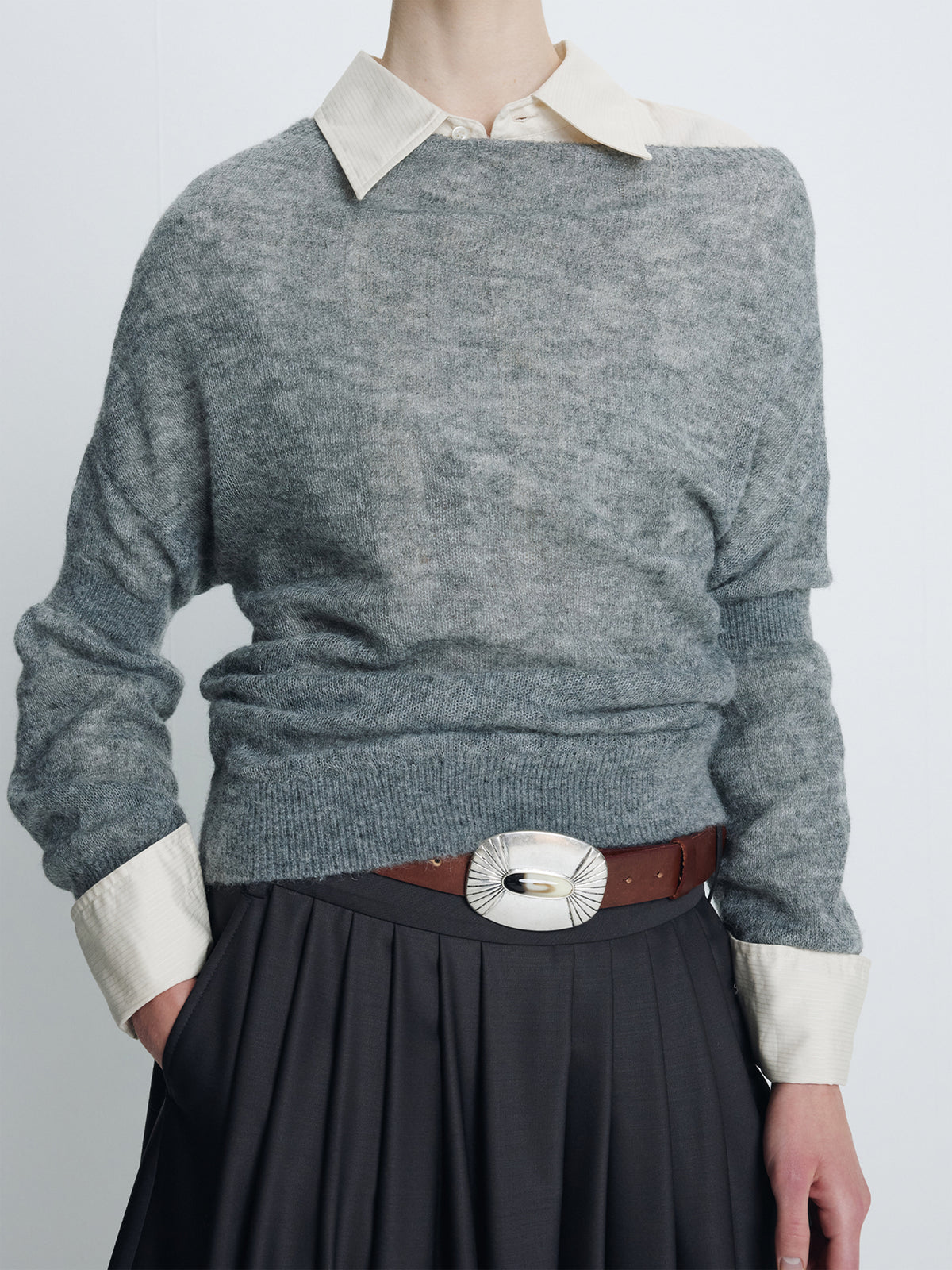 (W) CONVERTIBLE RIB-BAND KNIT TOP_ MELANGE GREY
