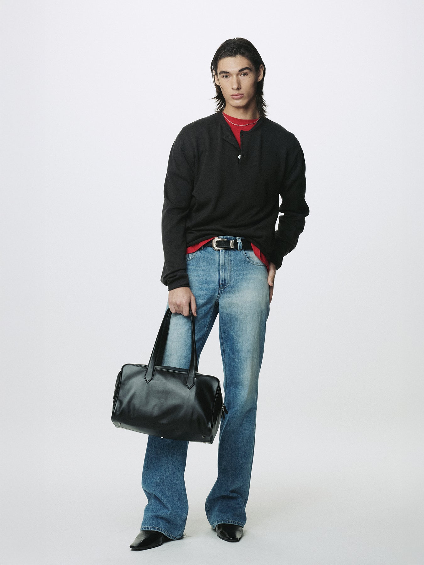 SOFT LEATHER SQUARE VALISE BAG_ BLACK