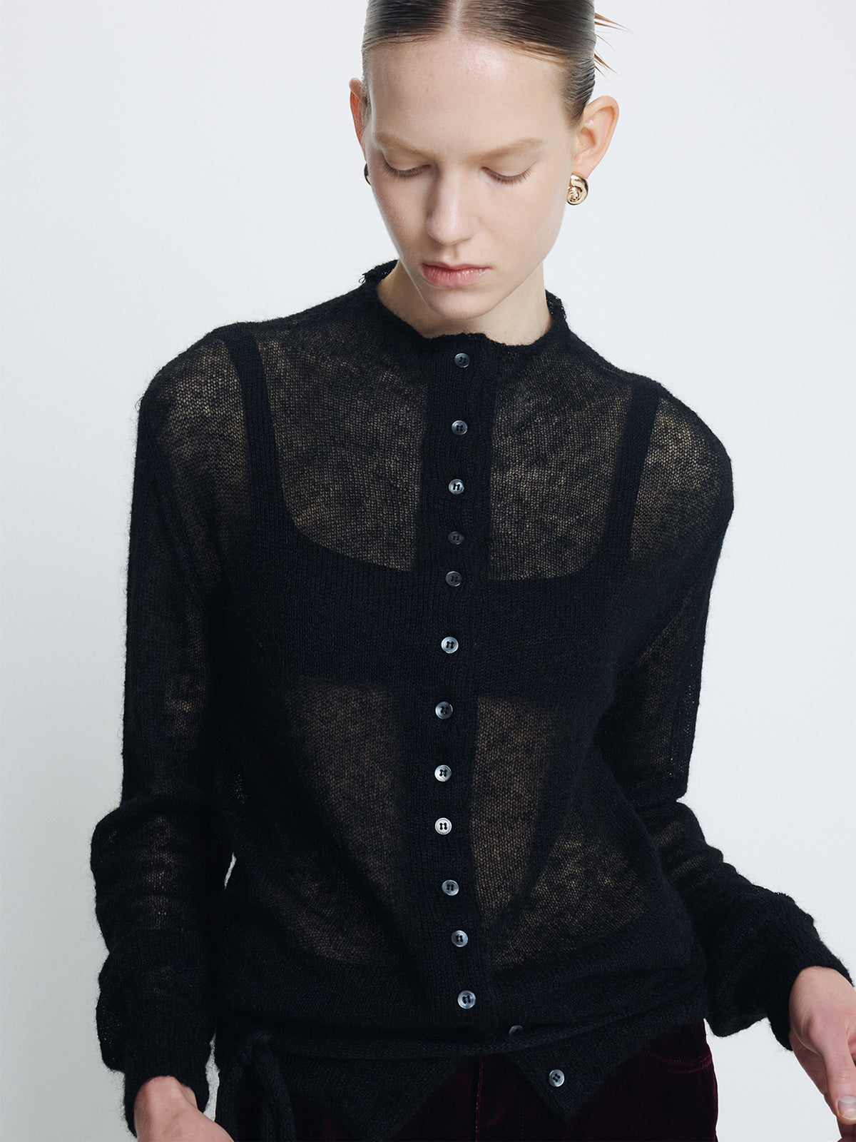 (W) MOHAIR BLEND HALF-NECK CARDIGAN_ BLACK