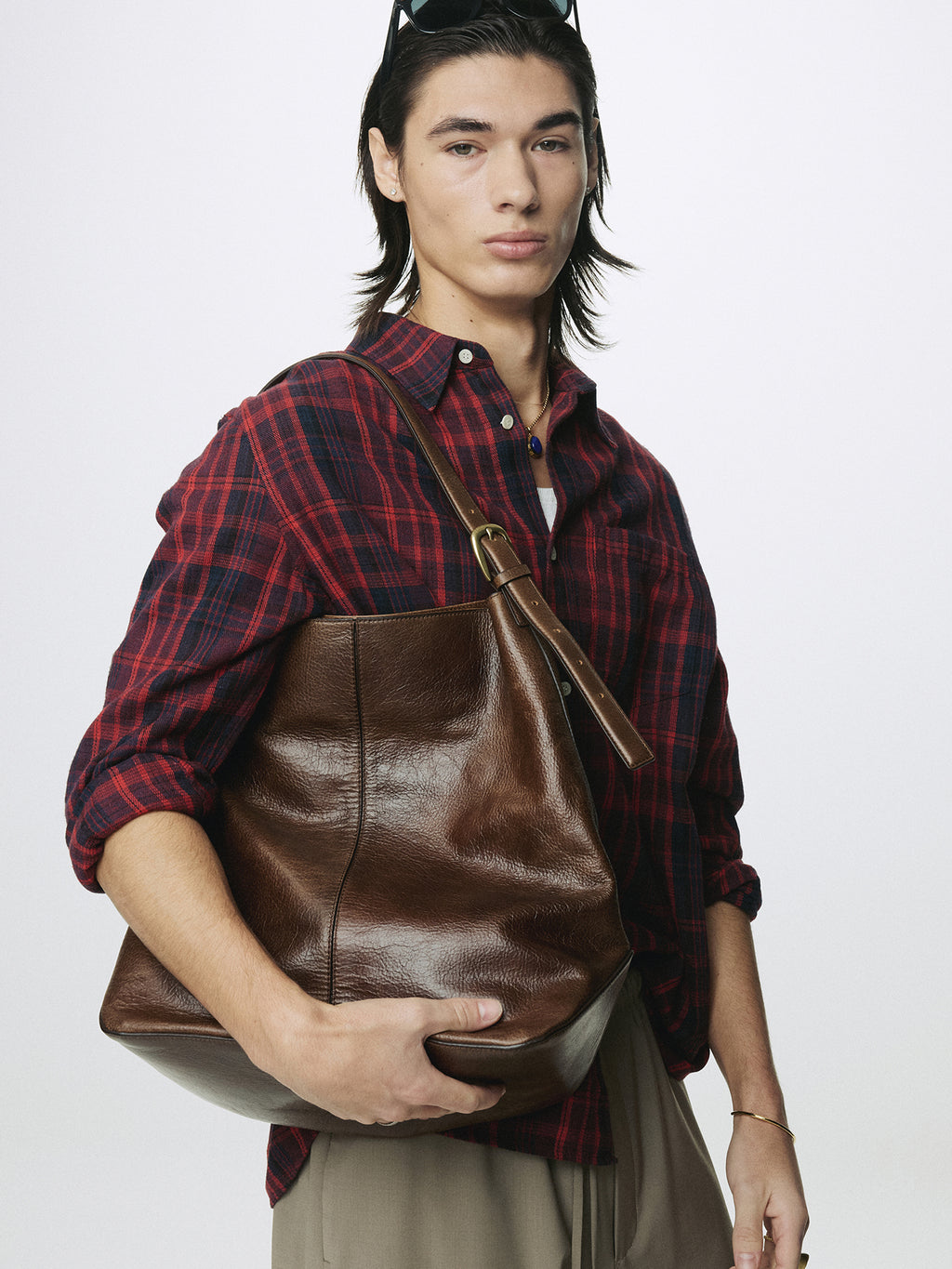 WASHED COTTON BLEND CHECK SHIRT_ RED/BLUE