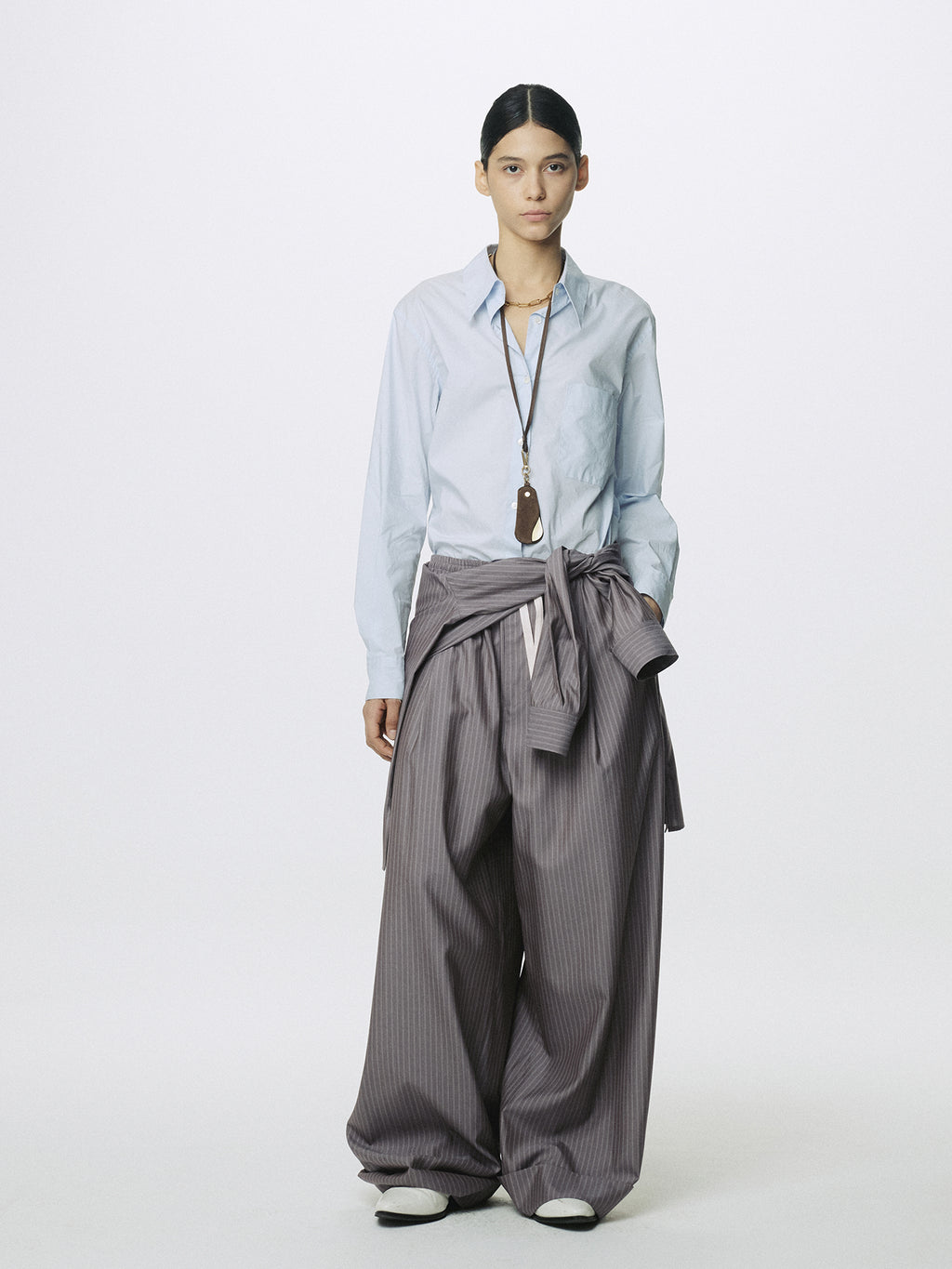 (W) SILK WOOL OVERSIZED RAW EDGE SHIRT_ DARK GREY STRIPE