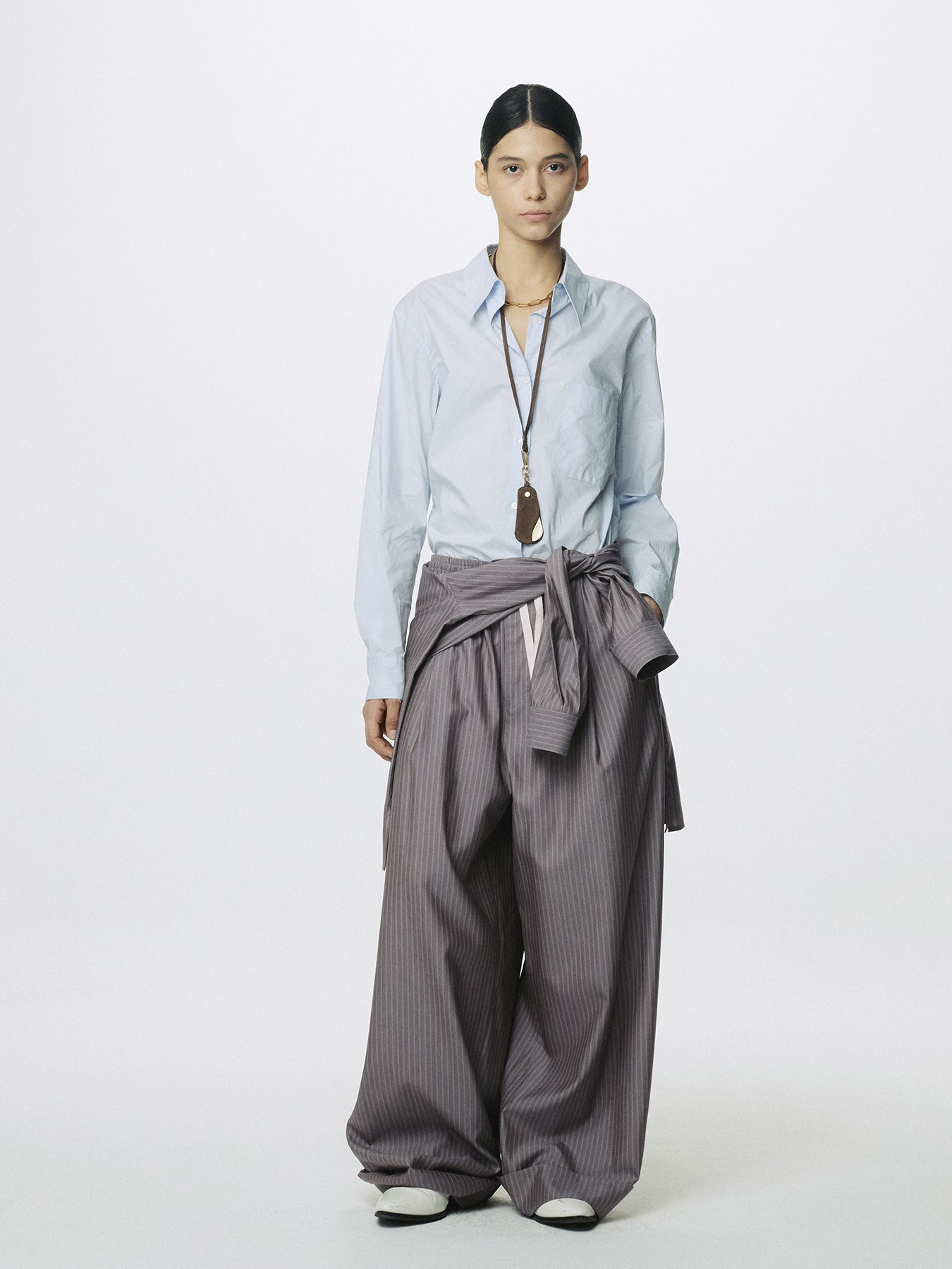 (W) SILK WOOL OVERSIZED RAW EDGE SHIRT_ DARK GREY STRIPE