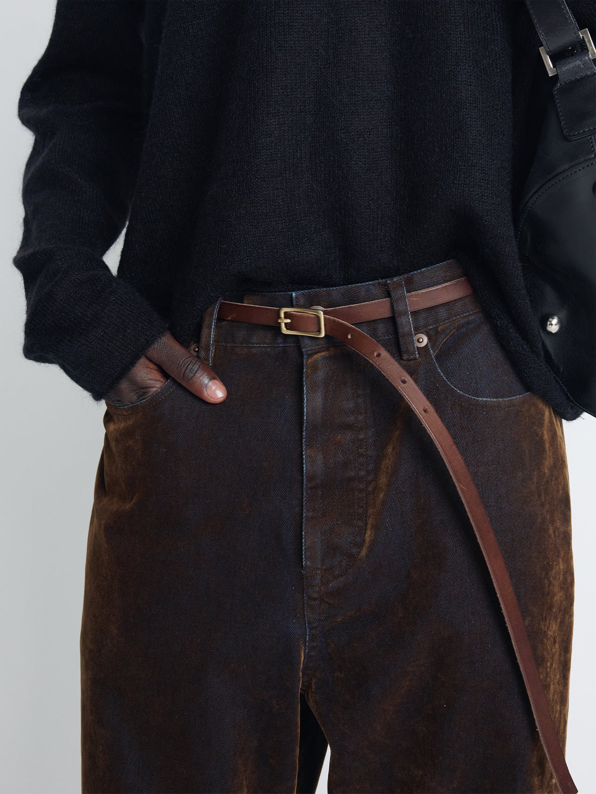 FLOCKED DENIM LOOSE FLARED PANTS_ BROWN