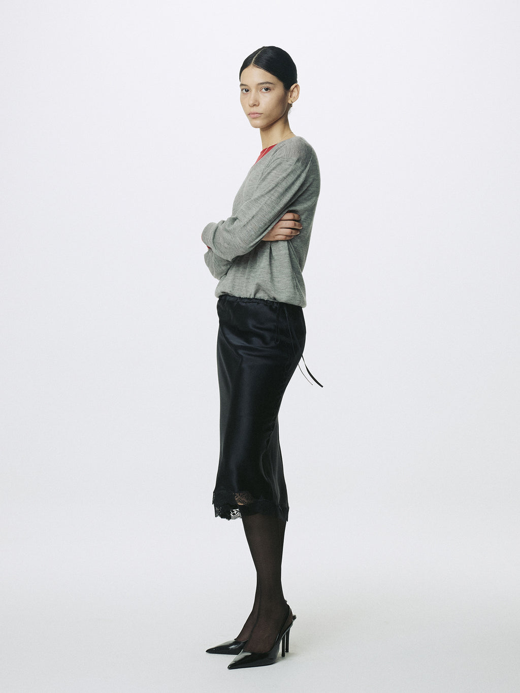 (W) SILK MIDI SKIRT_ BLACK