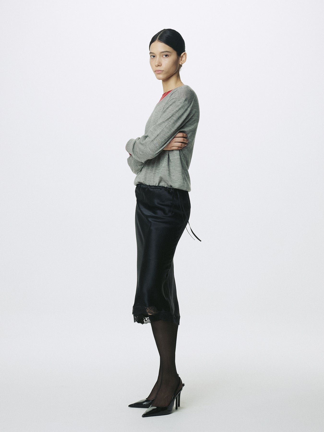(W) SILK MIDI SKIRT_ BLACK