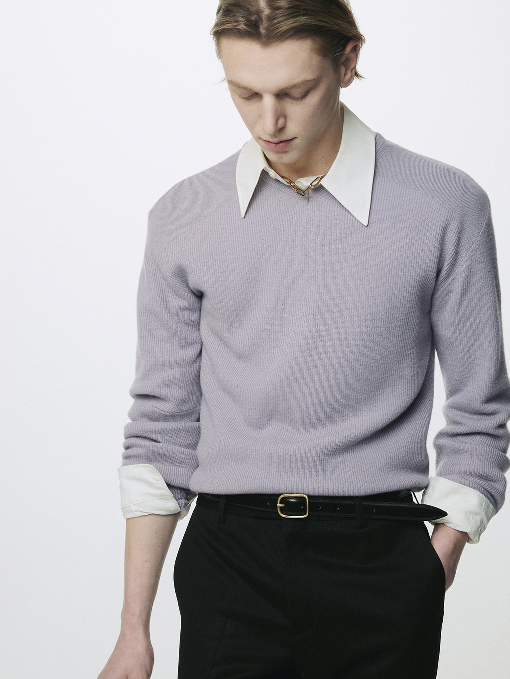 SUPER FINE WOOL COMMANDO V-NECK KNIT_ SLATE GREY