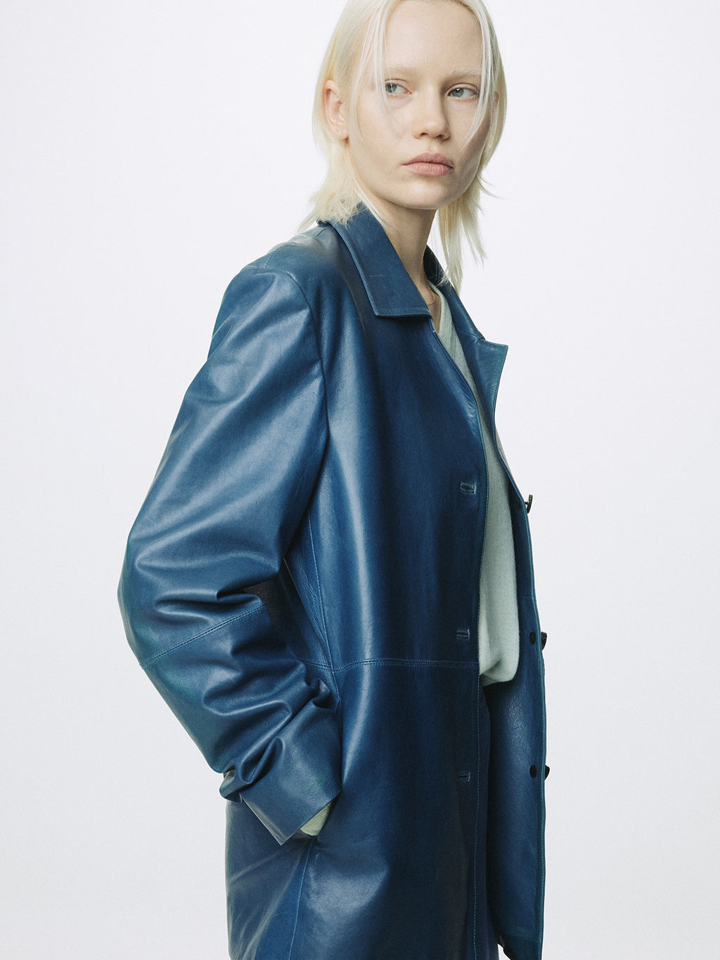 (W) VEGETABLE TANNED LAMB LEATHER OPEN COLLAR JACKET_ MID BLUE