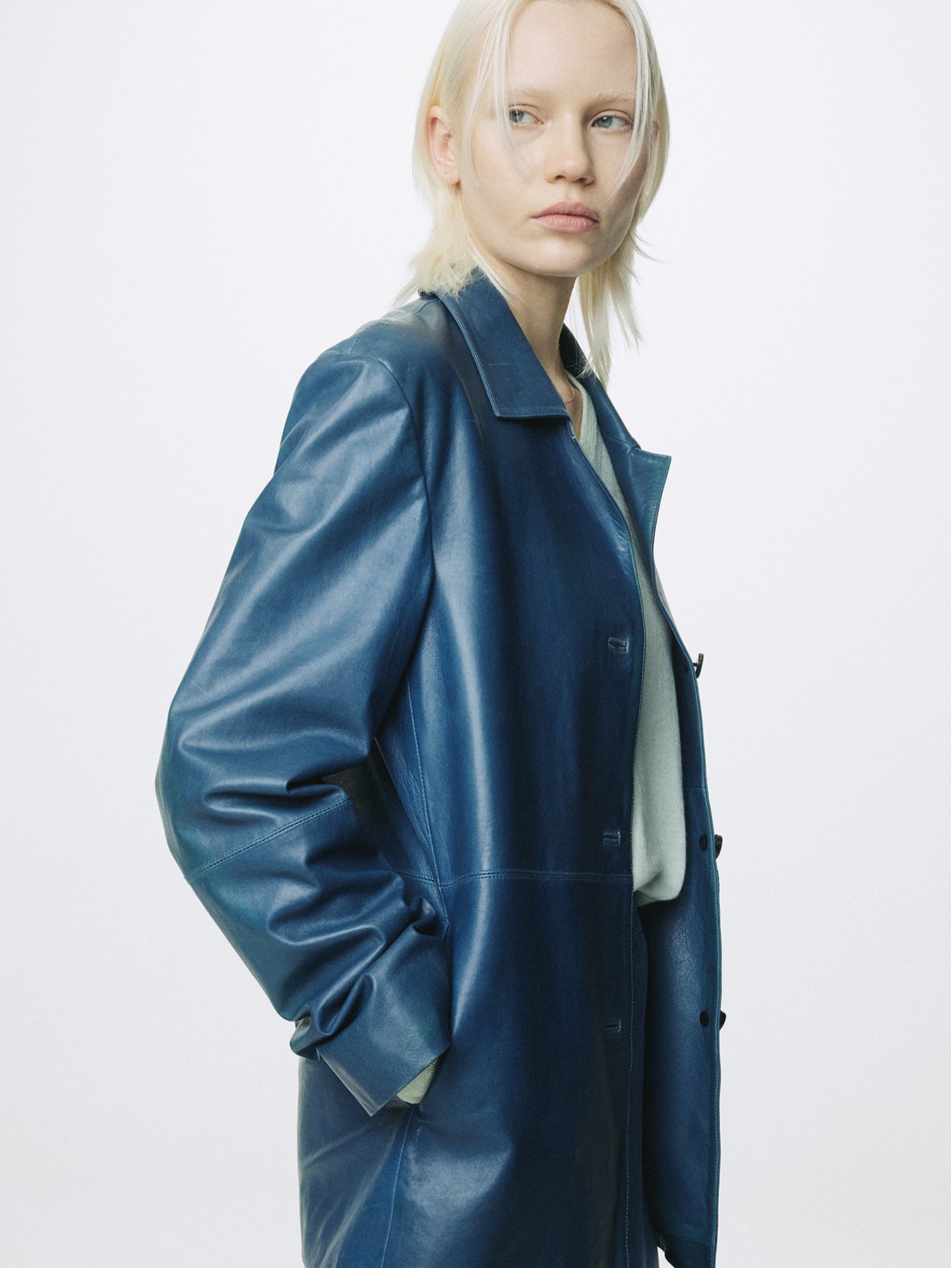 (W) VEGETABLE TANNED LAMB LEATHER OPEN COLLAR JACKET_ MID BLUE