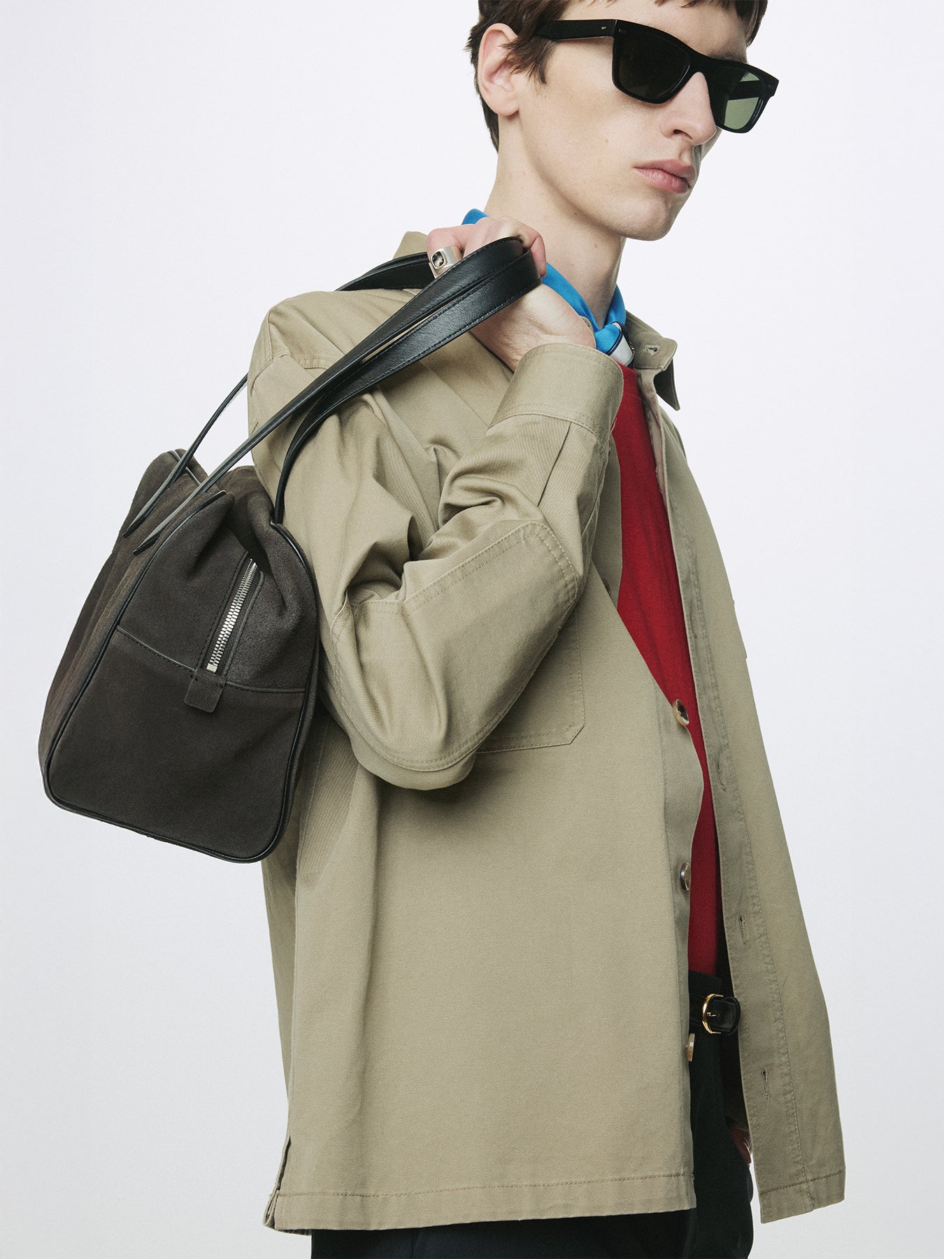 LEATHER TRIM SUEDE SQUARE VALISE BAG_ DARK PECAN