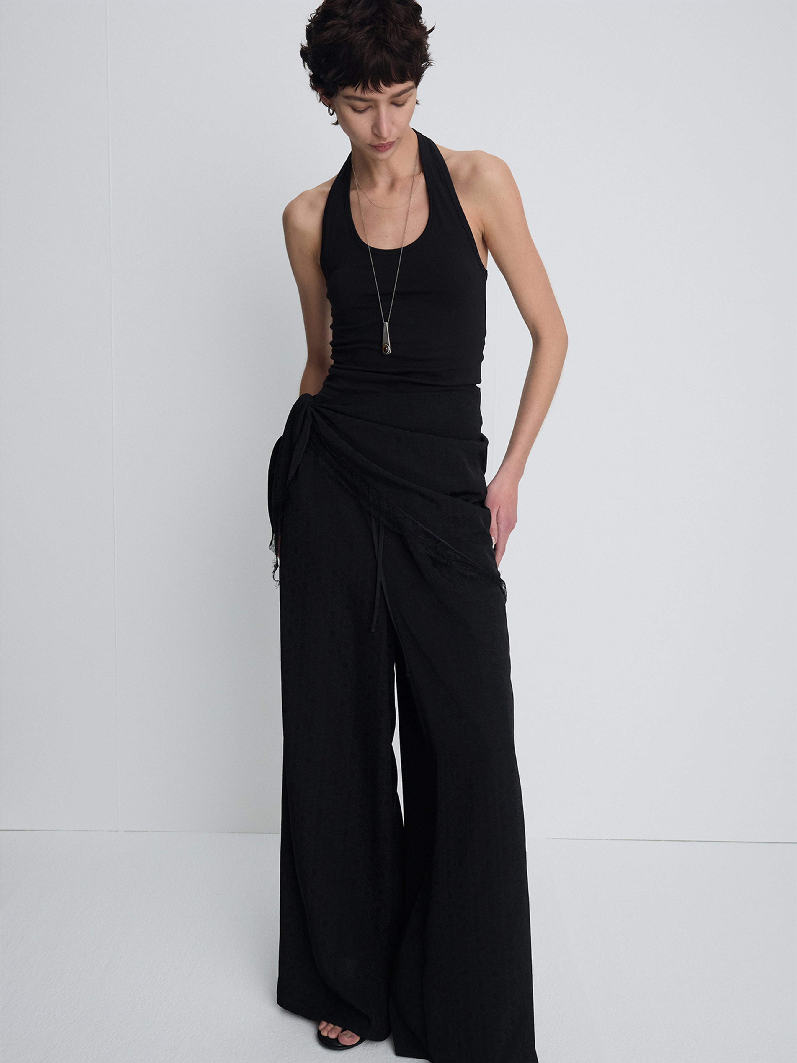 (W) JACQUARD WRAP LOOSE FIT PANTS_ BLACK