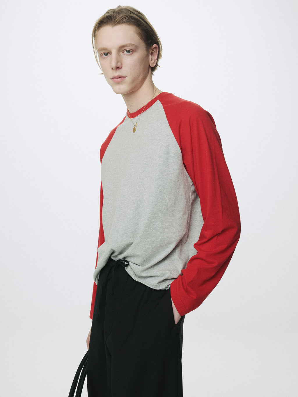 WASHED COTTON BASEBALL LONG SLEEVE_ MELANGE GREY/RED