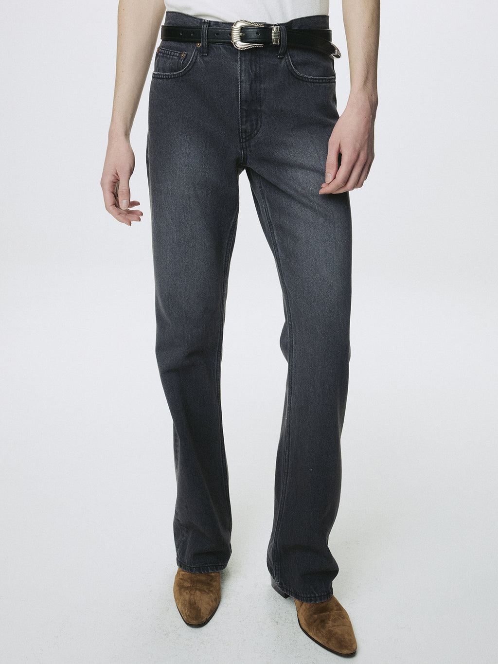FLARED-LEG DISTRESSED DENIM JEANS_ WASHED BLACK