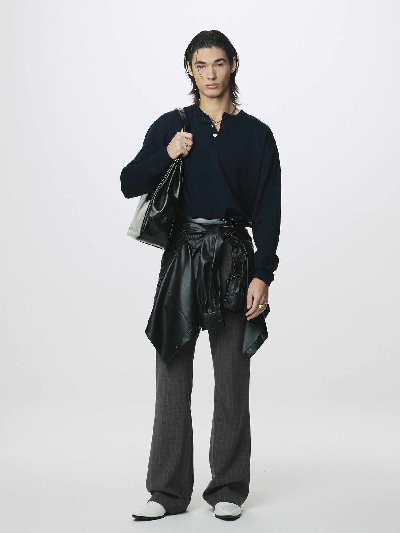 STRIPED WOOL FLARED-LEG PANTS_ TAUPE