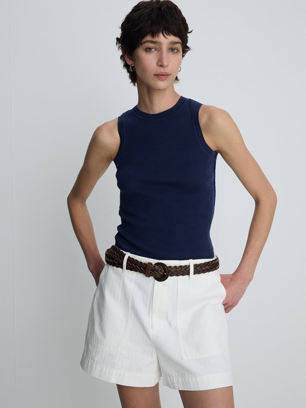 (W) GARMENT WASHED HBT FATIGUE SHORTS_ WHITE