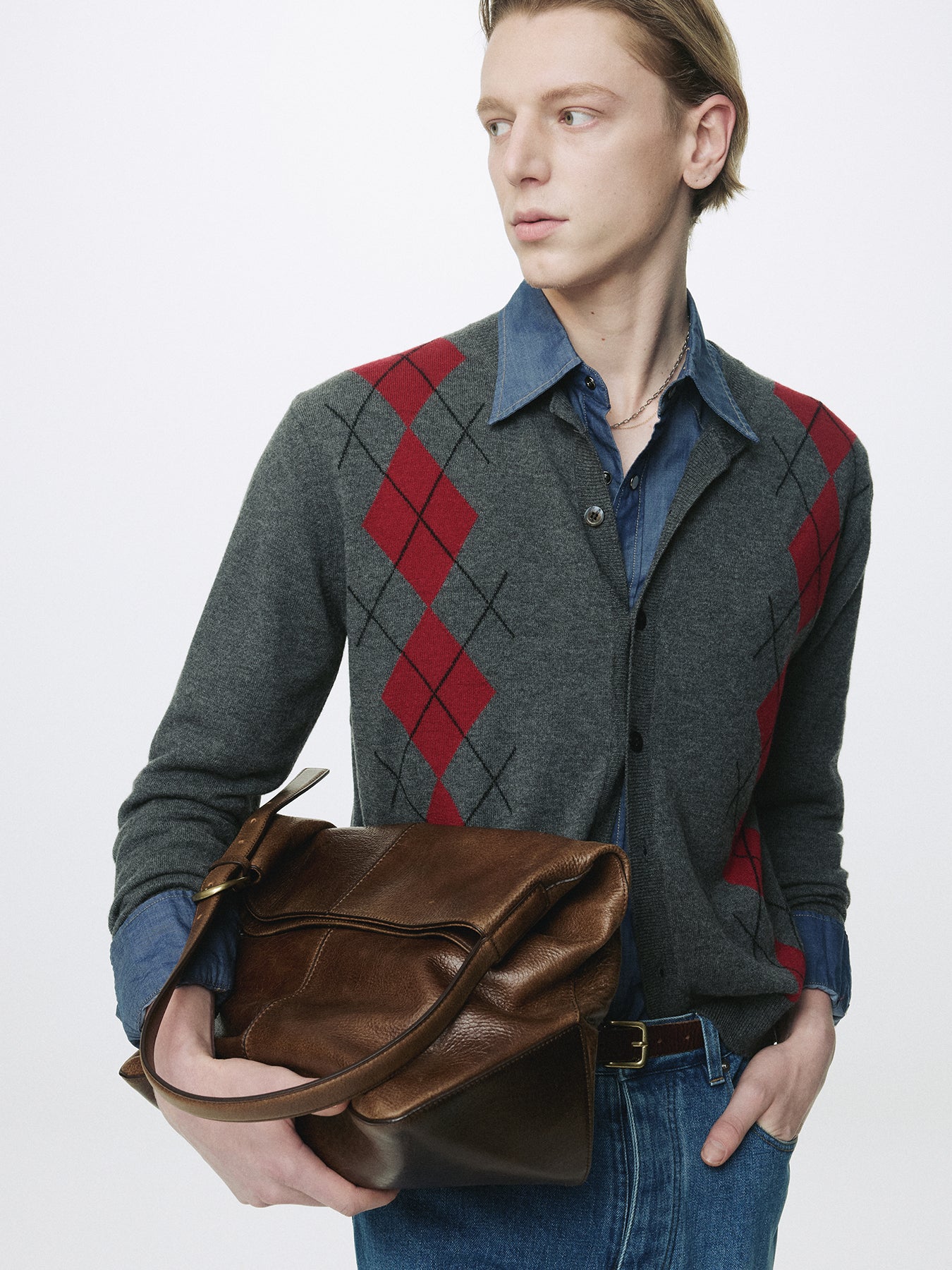 MERINO WOOL ARGYLE CARDIGAN_ GREY/RED