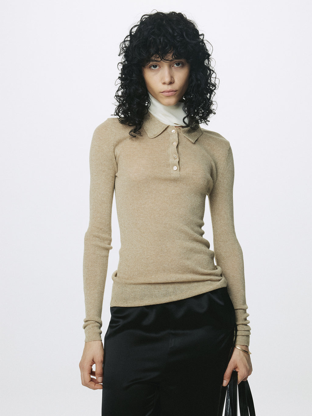 (W) GLITTER RIBBED KNIT POLO SHIRT_ GREENISH BEIGE