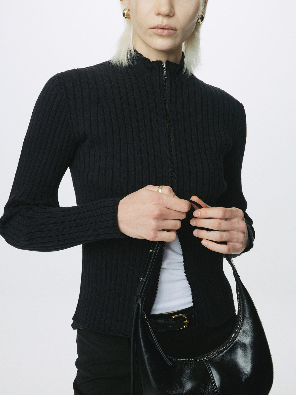 (W) COTTON RIBBED FULL ZIP-UP_ BLACK