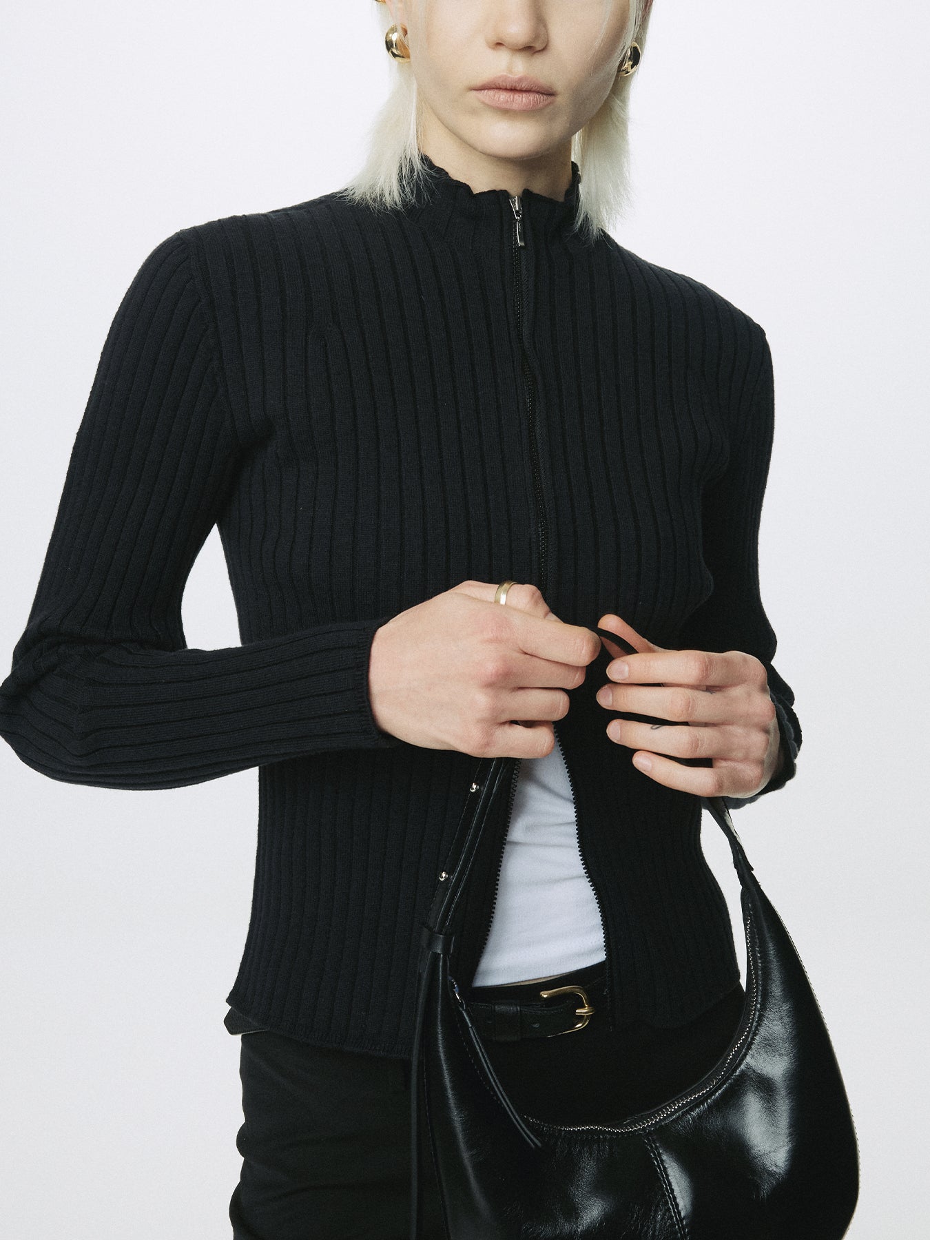 (W) COTTON RIBBED FULL ZIP-UP_ BLACK