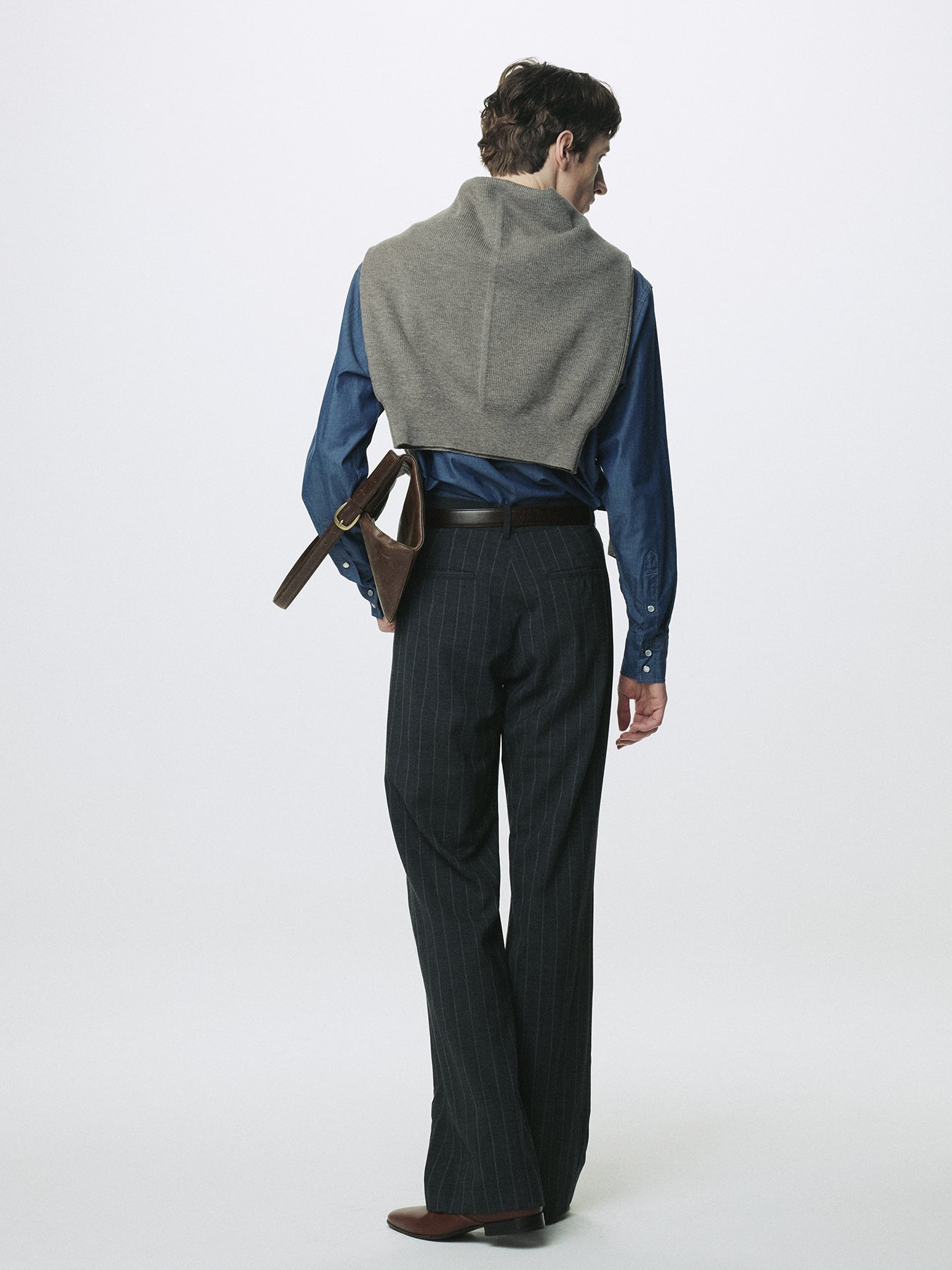STRIPED WOOL FLARED-LEG PANTS_ GREY