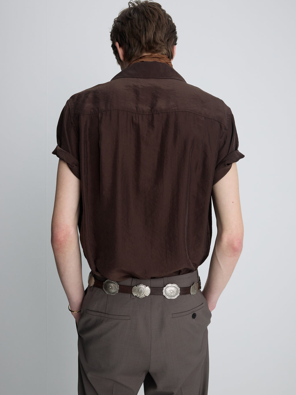 WASHED RAYON PEARL SNAP SHIRT_ BROWN