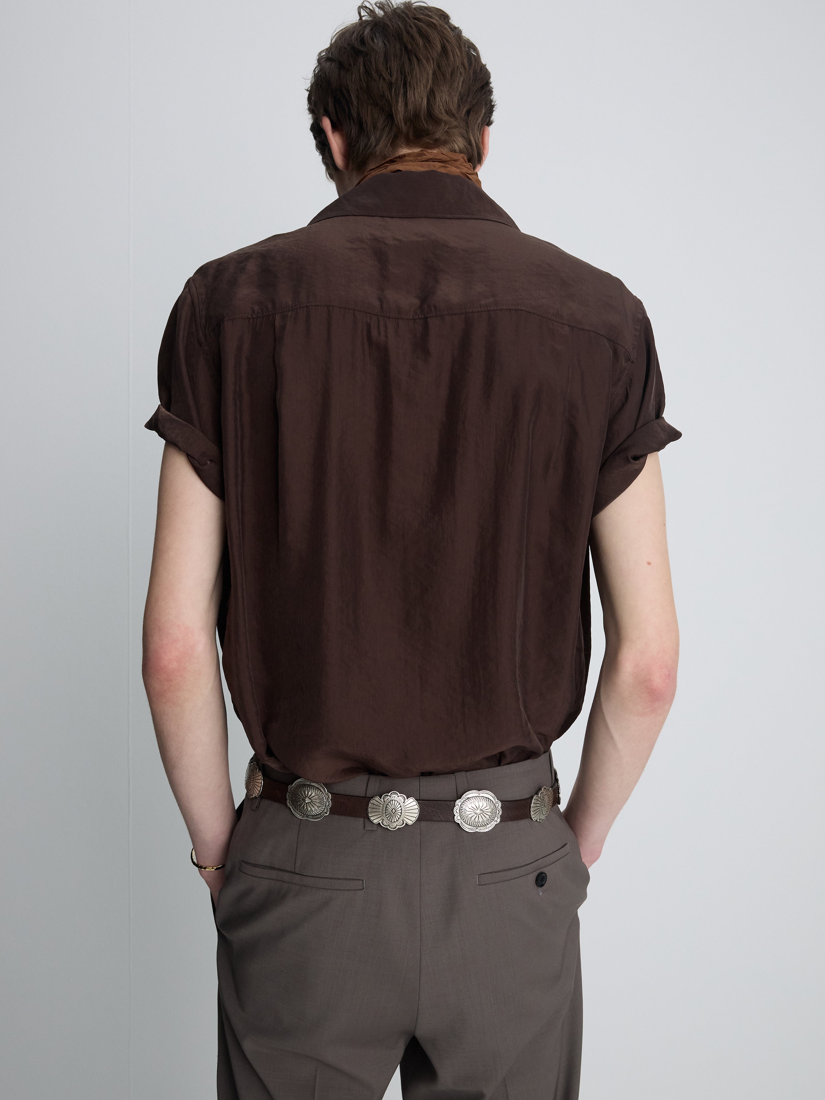 WASHED RAYON PEARL SNAP SHIRT_ BROWN