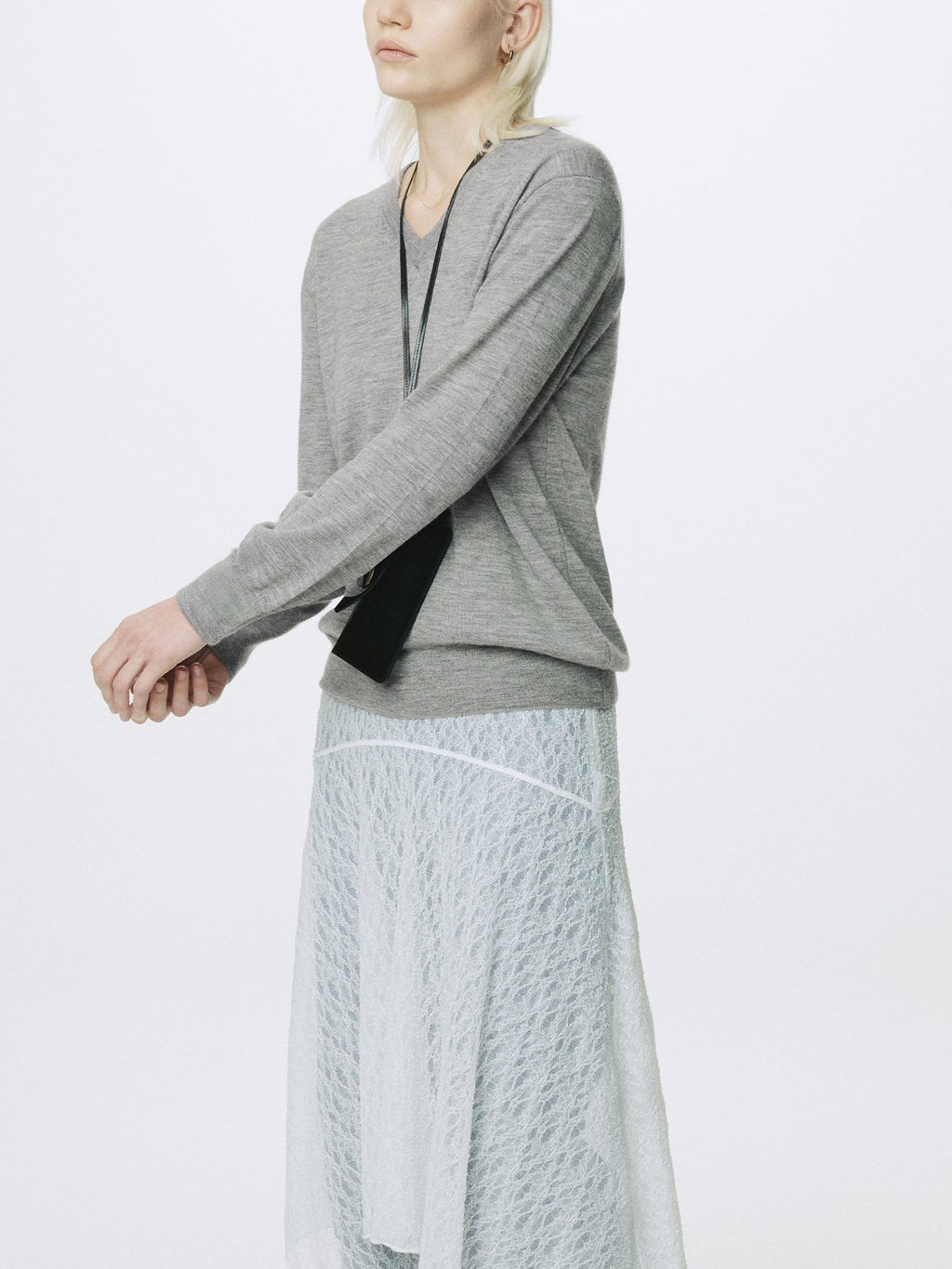 (W) AIRY CASHMERE V-NECK_ MELANGE GREY