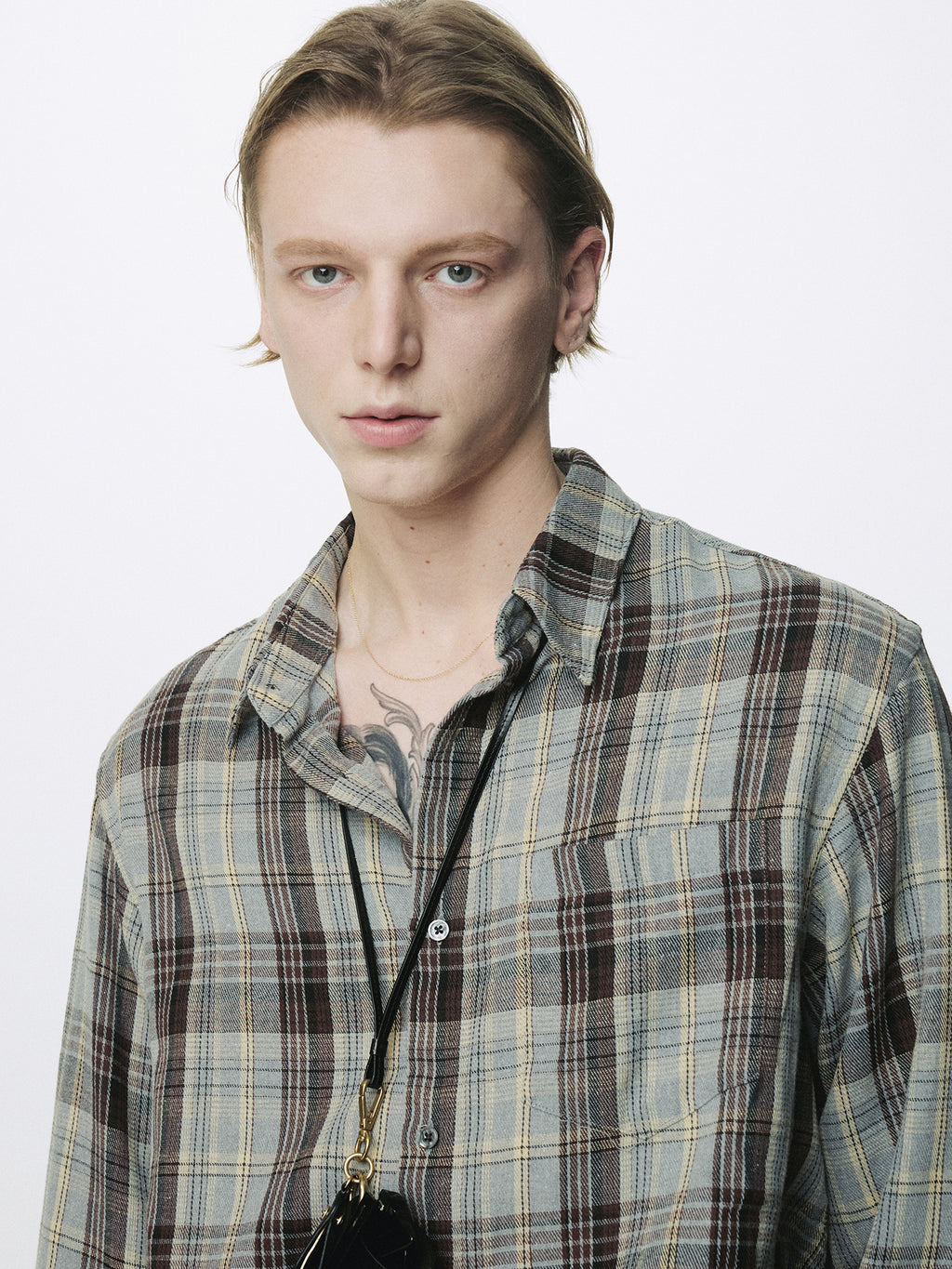 WASHED COTTON BLEND CHECK SHIRT_ GREY/BROWN
