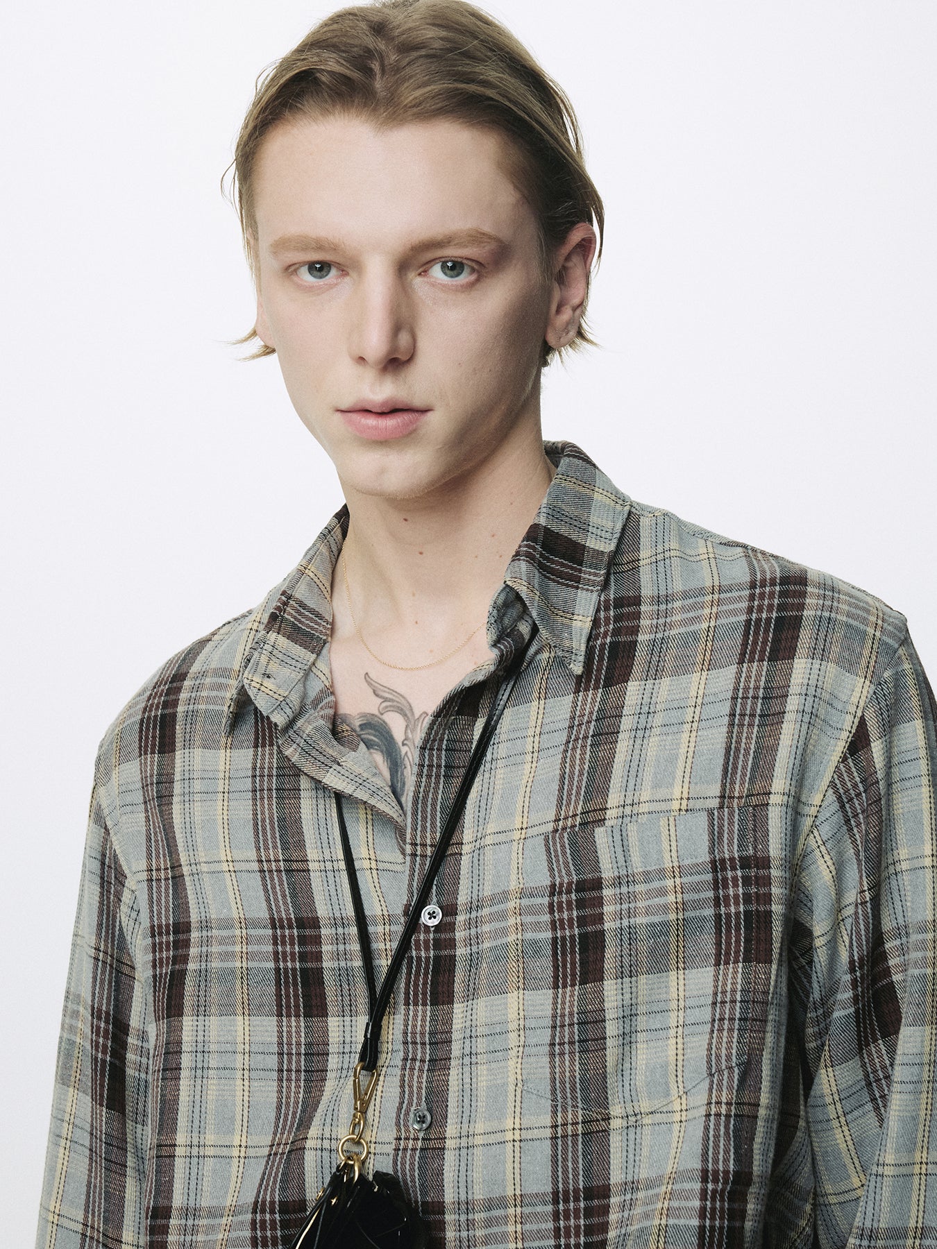 WASHED COTTON BLEND CHECK SHIRT_ GREY/BROWN