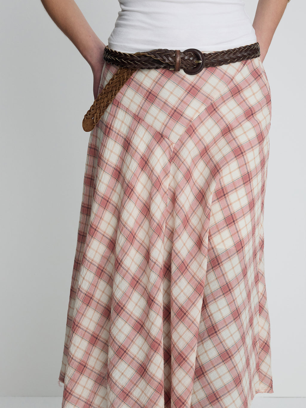 (W) COTTON CHECK PATCHWORK SKIRT_ PINK CHECK