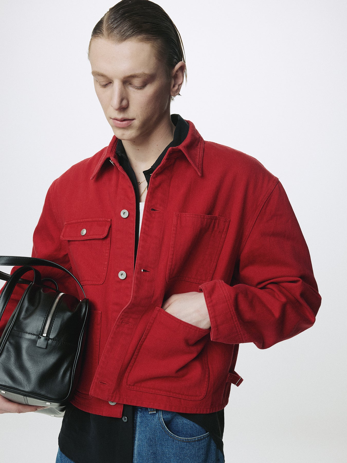SLUB COTTON CROPPED WORK JACKET_ RED