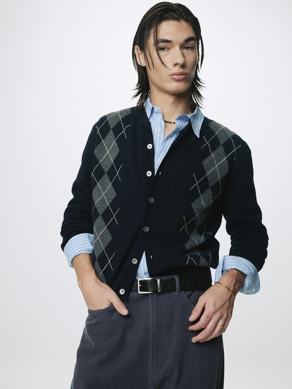MERINO WOOL ARGYLE CARDIGAN_ NAVY/GREY