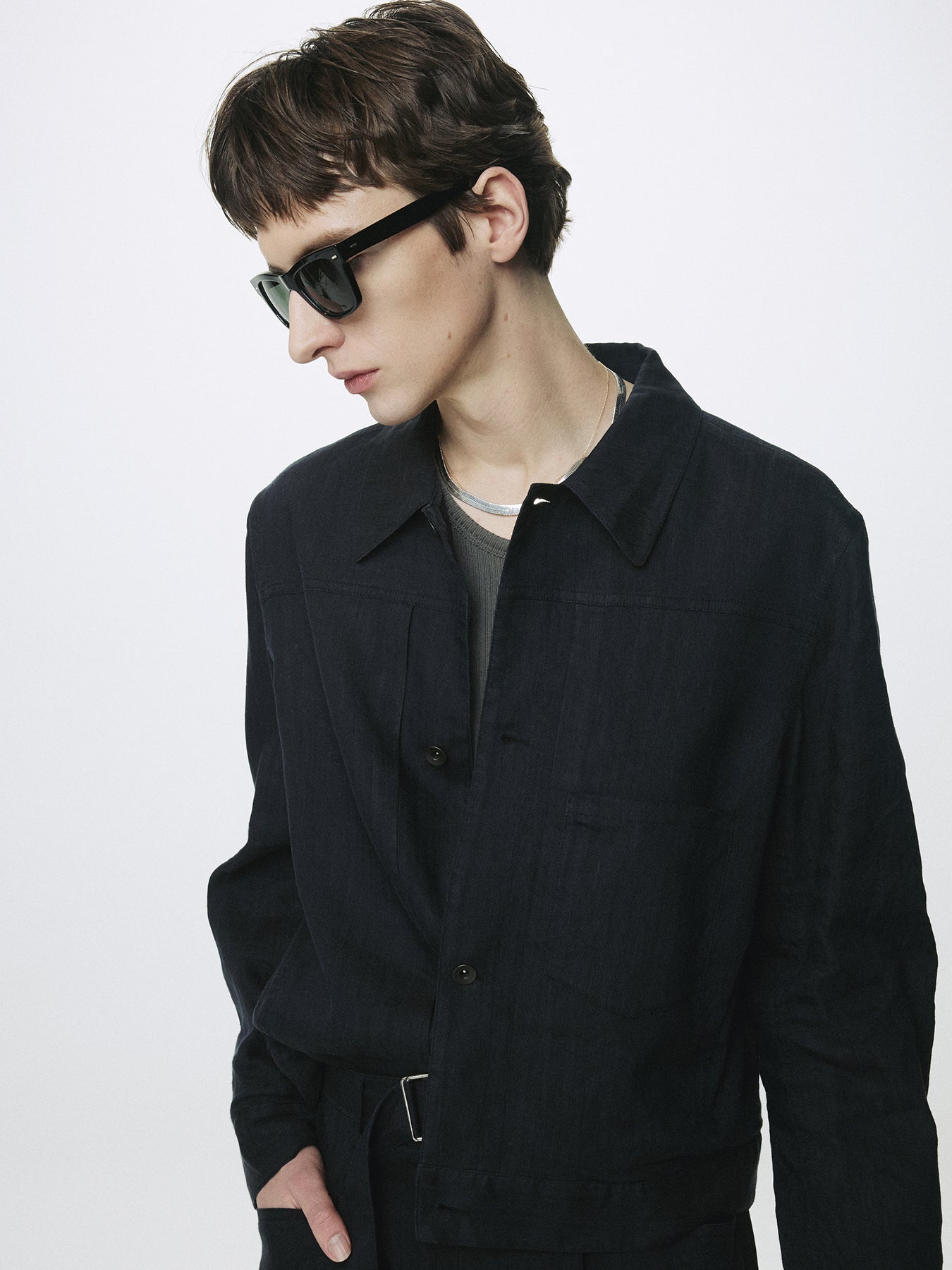 WASHED LINEN TRUCKER JACKET (ITALIAN FABRIC)_ DARK NAVY