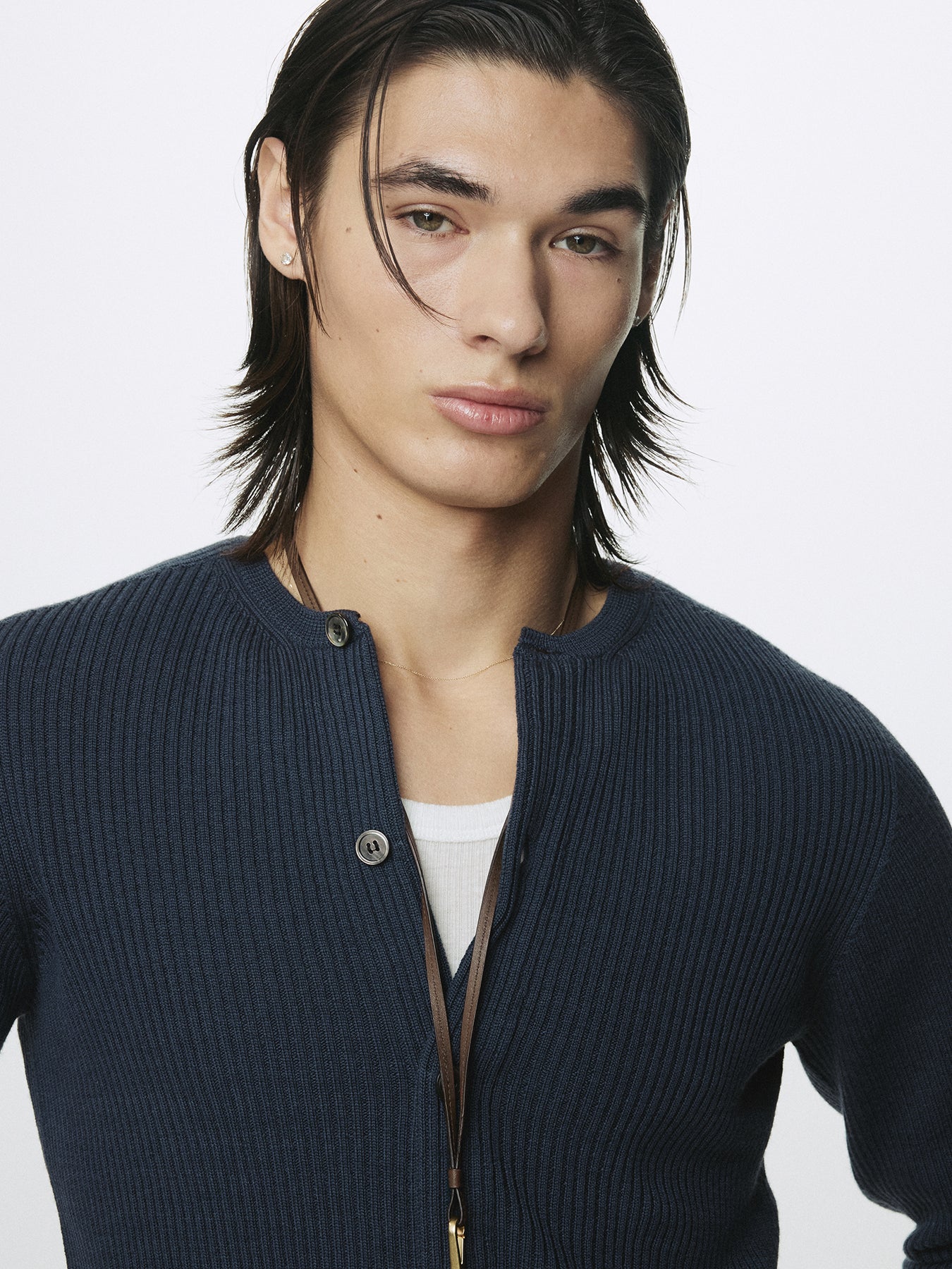 SUPER FINE MERINO WOOL RIBBED CARDIGAN_ SLATE NAVY