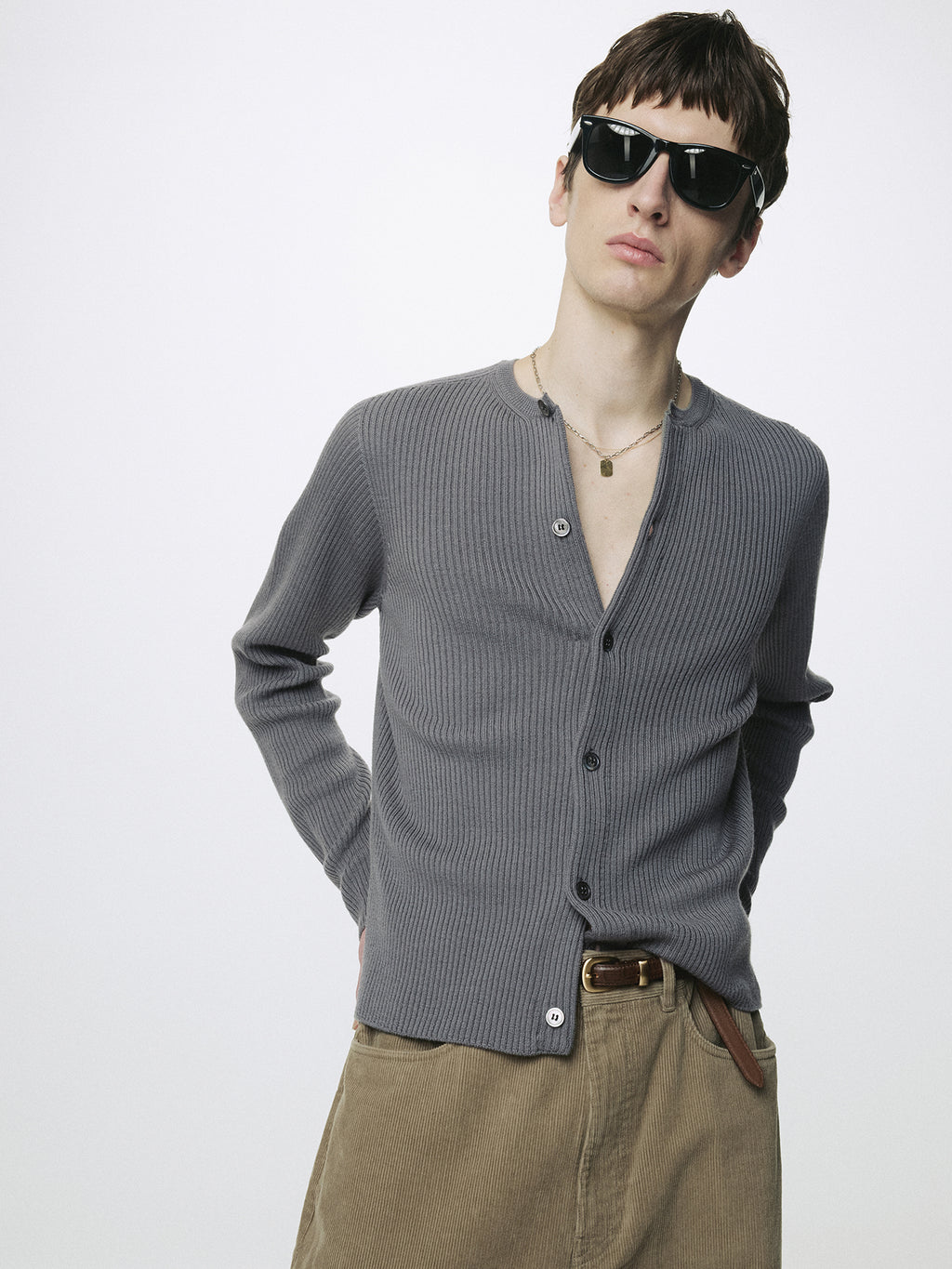 SUPER FINE MERINO WOOL RIBBED CARDIGAN_ CARBON GREY
