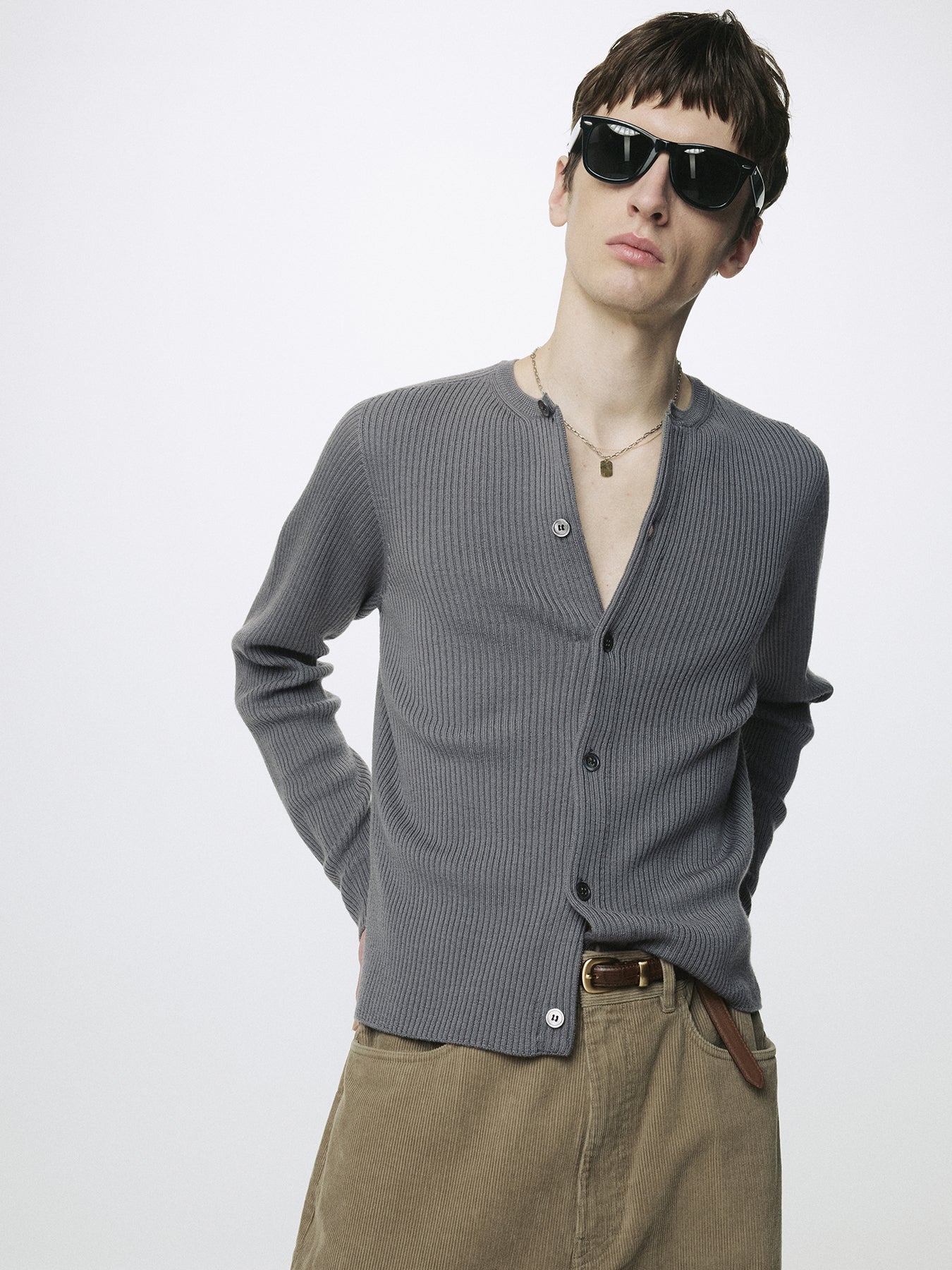 SUPER FINE MERINO WOOL RIBBED CARDIGAN_ CARBON GREY