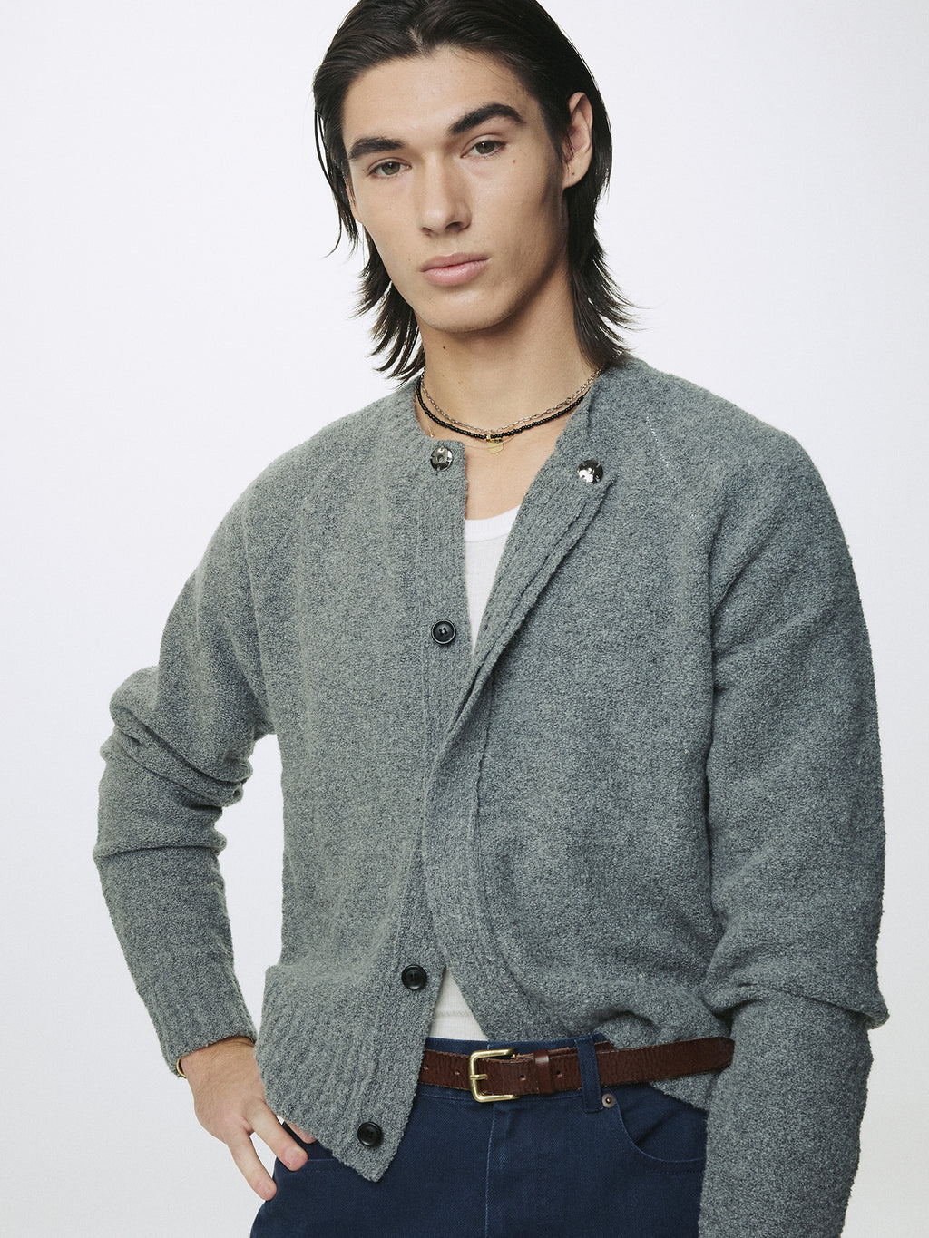 PLACKET BUTTON DOWN KNIT CARDIGAN_ MELANGE GREY